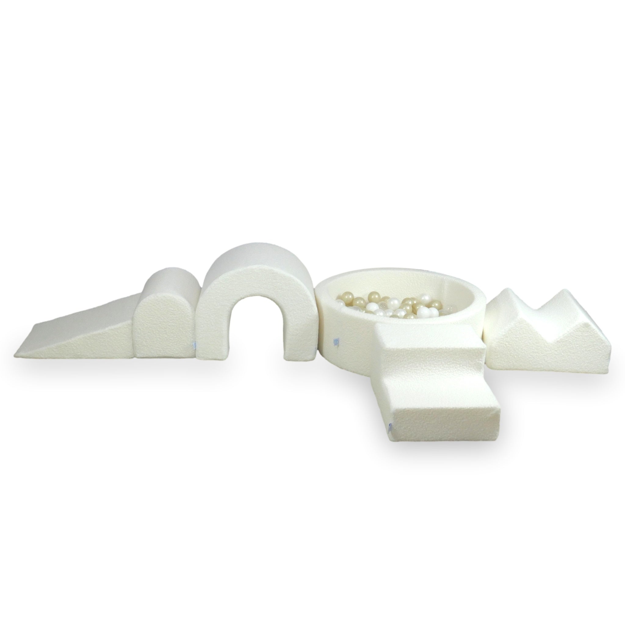 Foam play area with round ball pit 90x30 white boucle + 5 elements + 200 balls