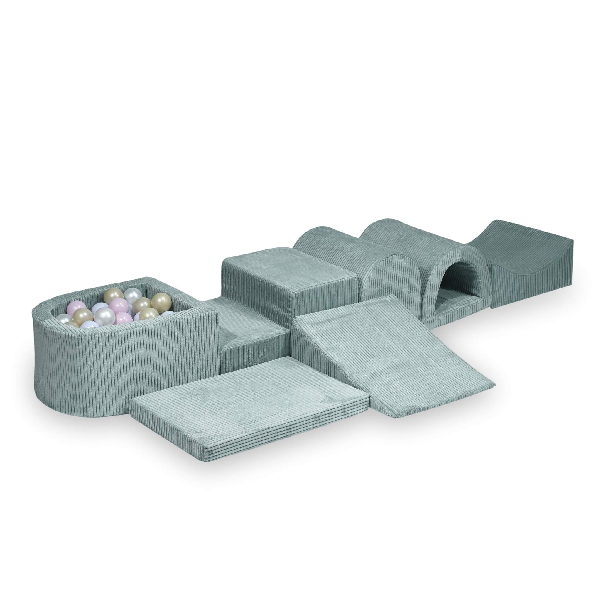 Parco giochi grande in schiuma con piscina micro velluto a coste menta chiara + 100 palline