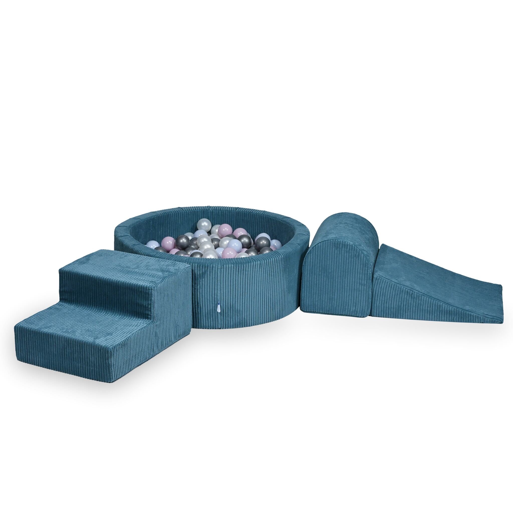 Aire de jeux en mousse avec piscine ronde 90x30 velours côtelé bleu +200 balles