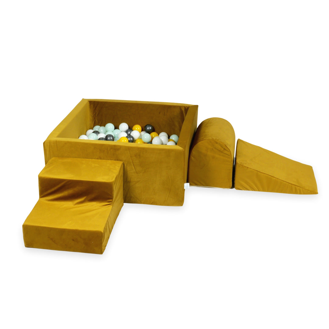 Aire de jeux en mousse avec piscine à balles carrée set de jeu enfant 90x90x40 velvet dore + 400 balles