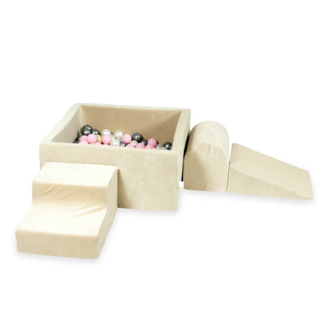 Foam play area with square ball pit children's play set 90x90x40 velvet soft beige + 400 balls