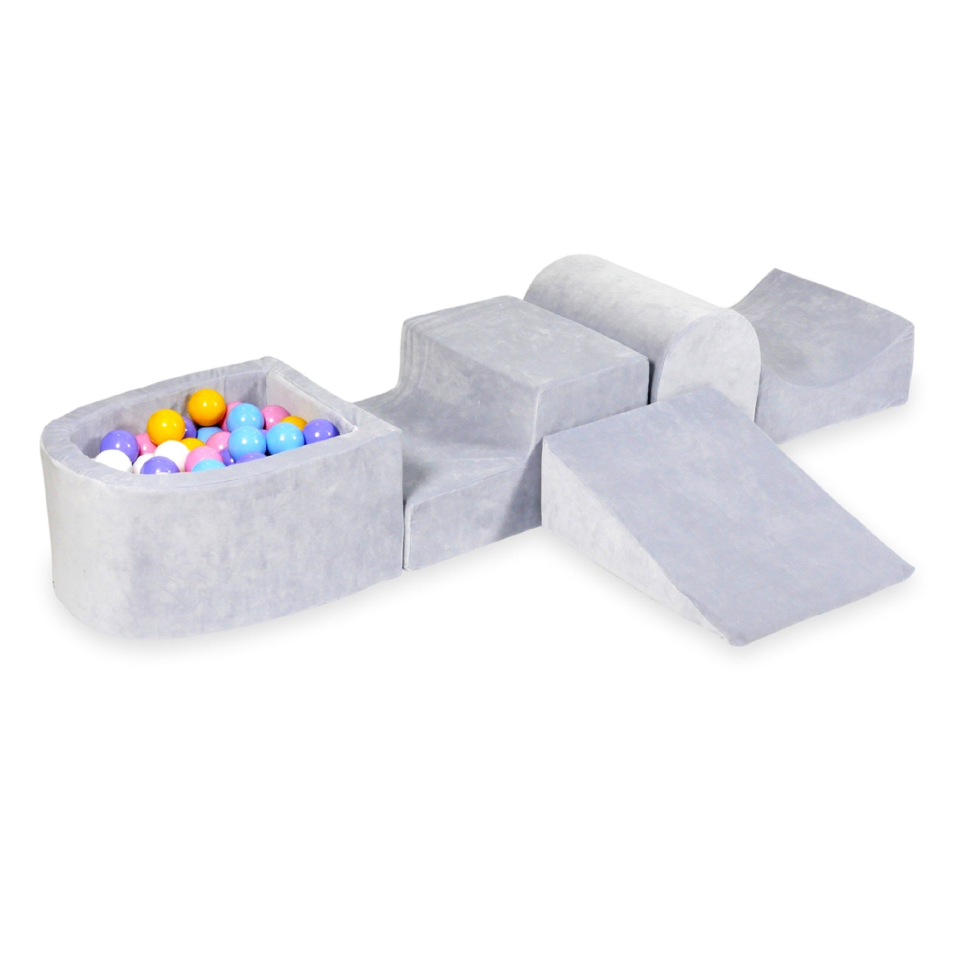 Foam Play Area with Hill and Micro Velvet Soft Light Gray Ball Pit + 100 balls