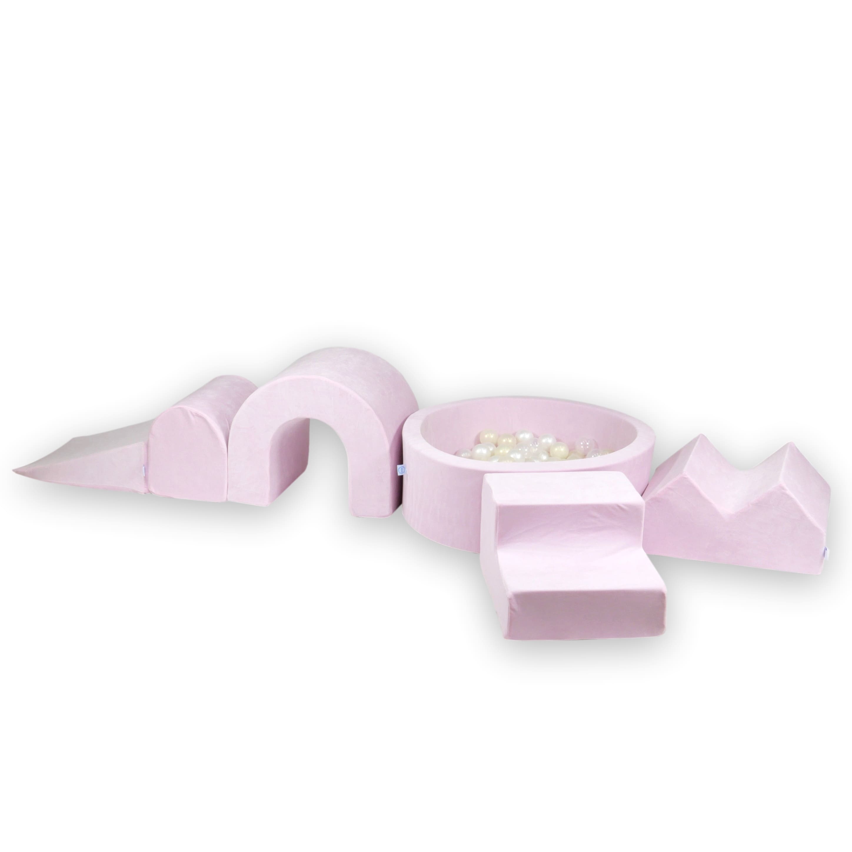 Foam play area with round pool 90x30 velvet soft light pink + 5 elements + 200 balls