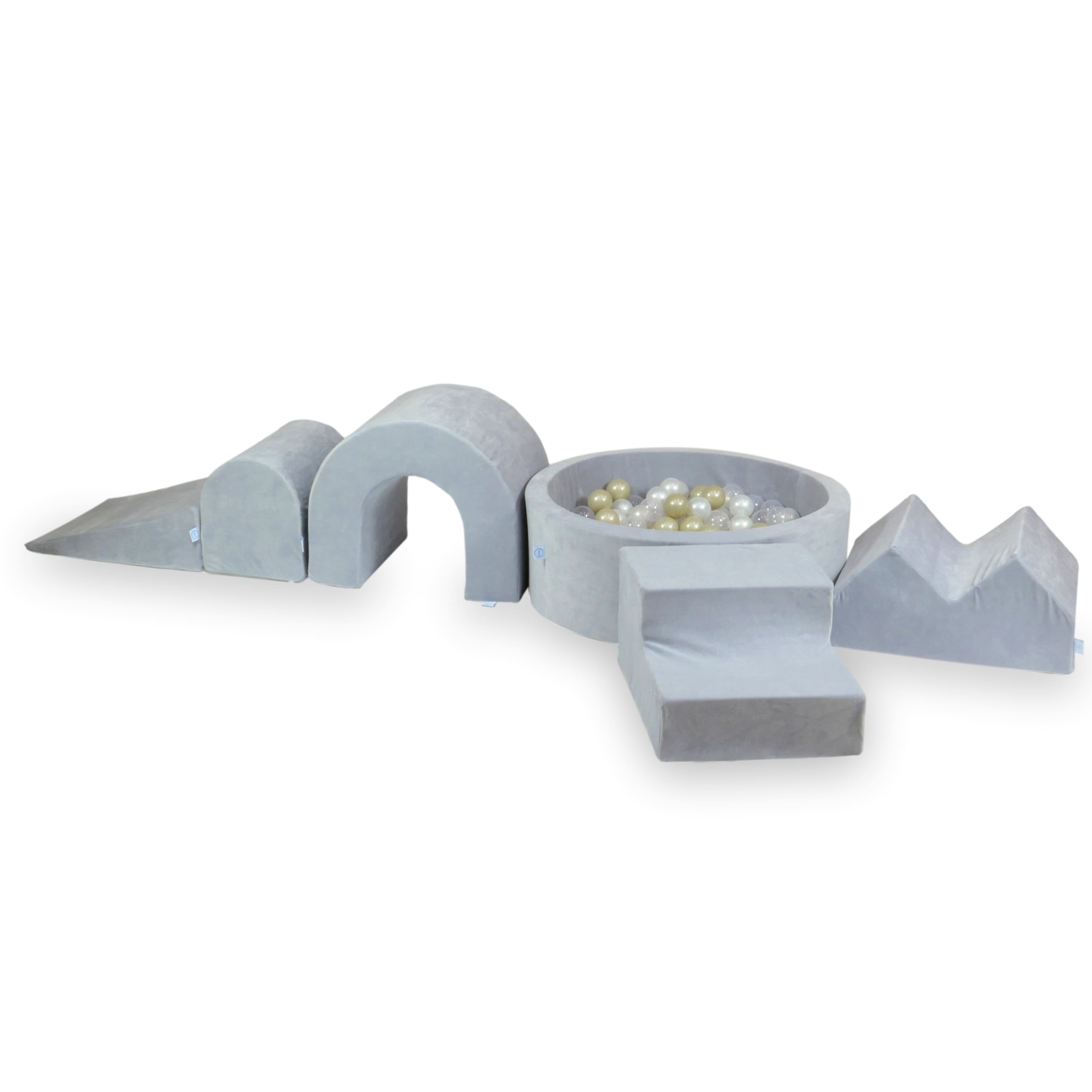 Foam play area with round pool 90x30 velvet soft light gray + 5 elements + 200 balls