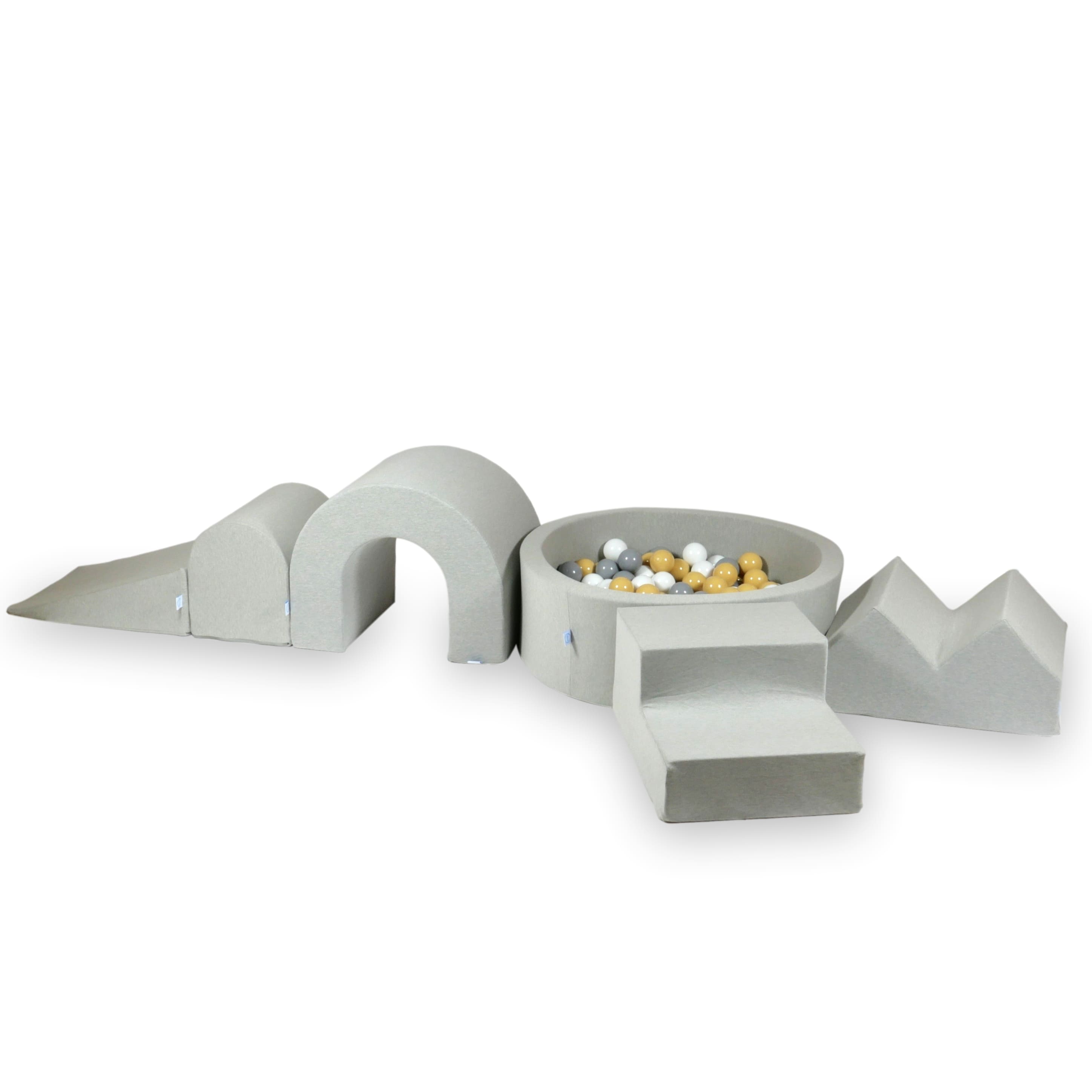 Foam play area with round pool 90x30 light gray + 5 elements + 200 balls