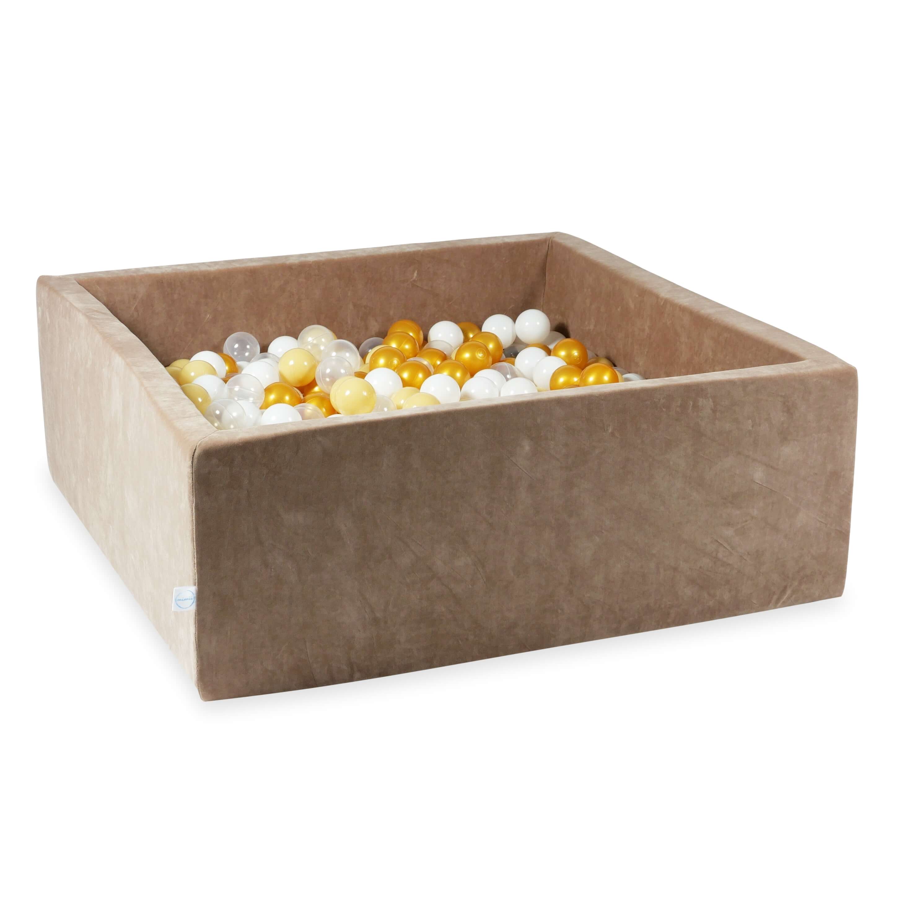 Square ball pit 110x110x40 cm in brown soft velvet, 600 balls