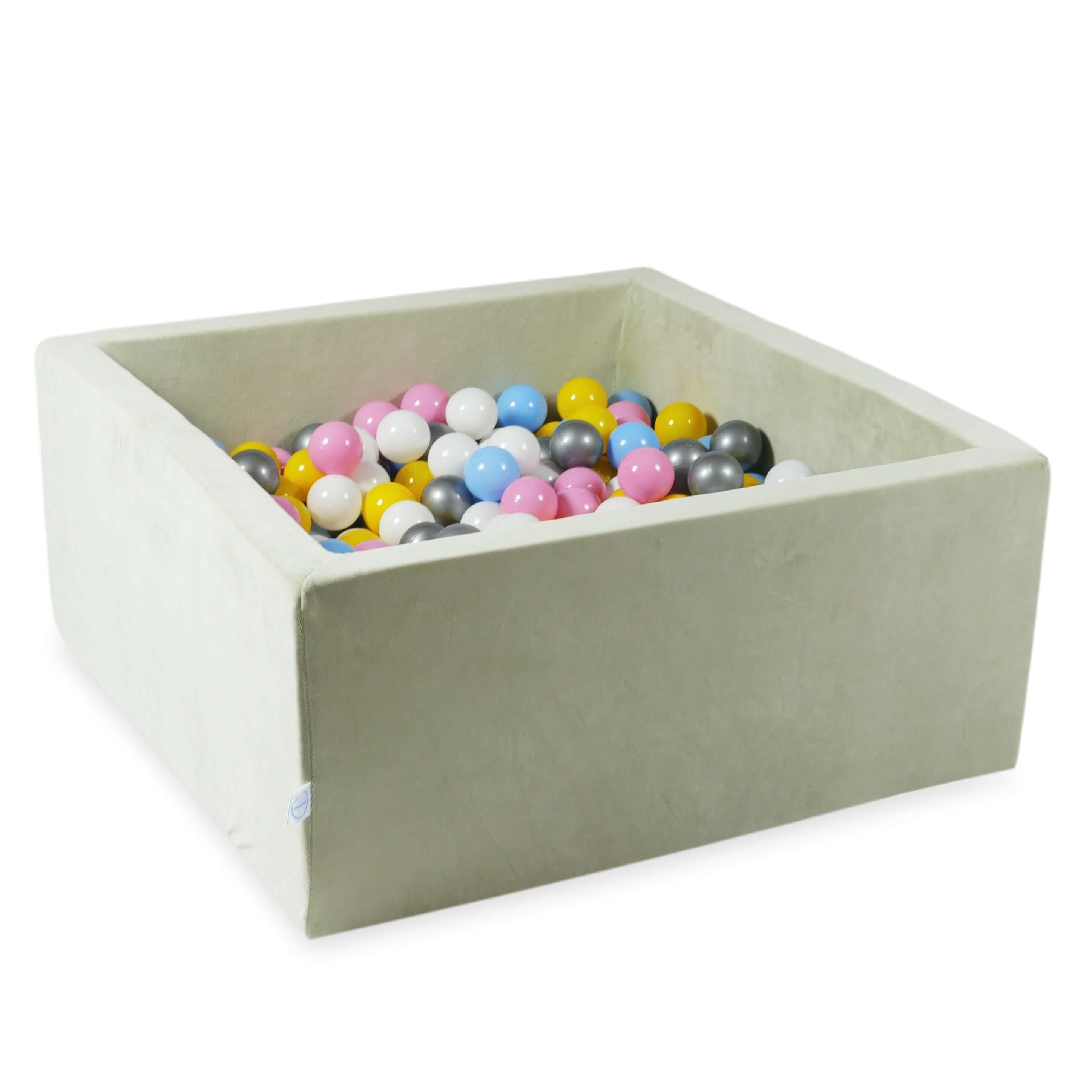 Square ball pit 90x90x40 cm in velvet soft Pistachio, 400 balls