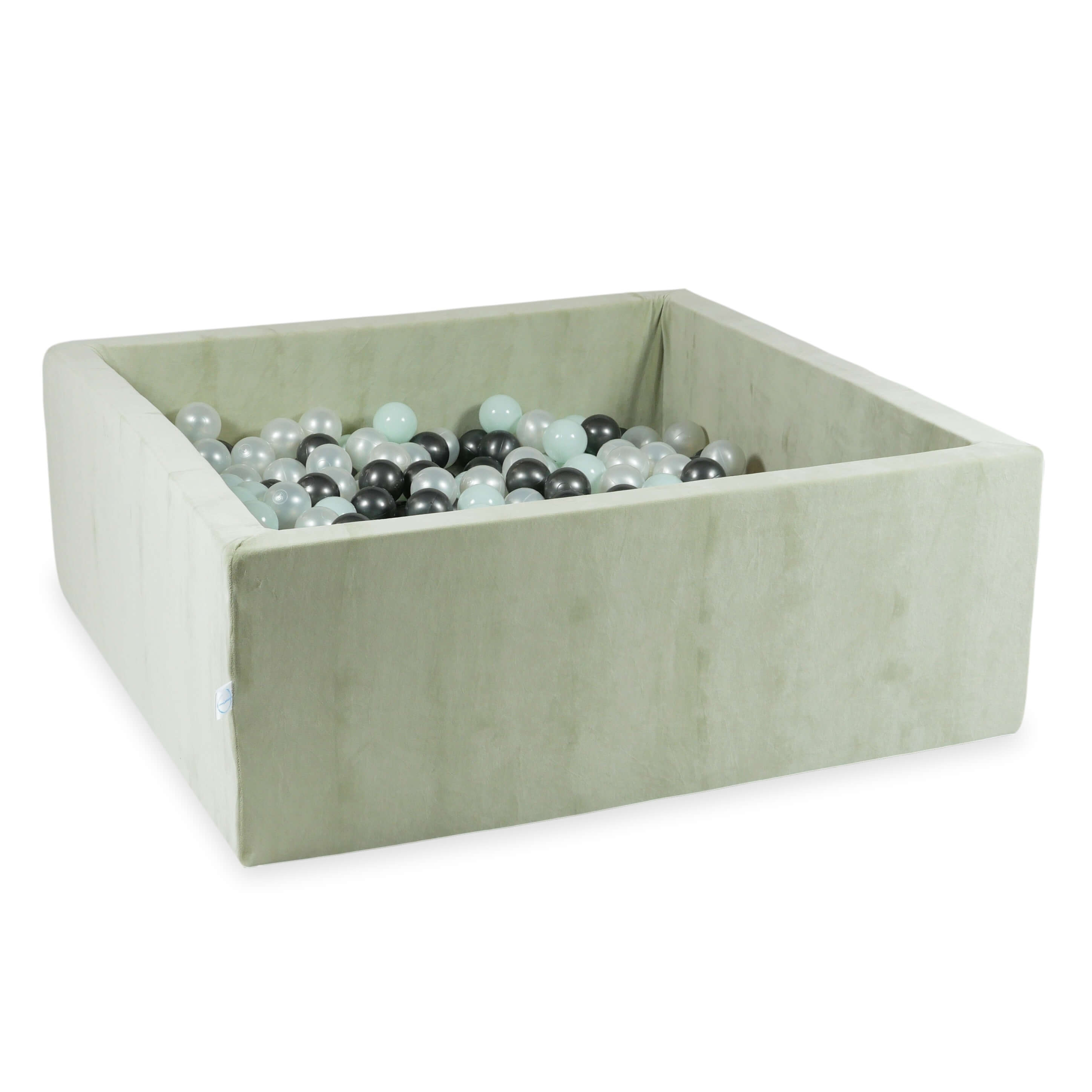 Square ball pit 110x110x40 cm in pistachio soft velvet, 600 balls