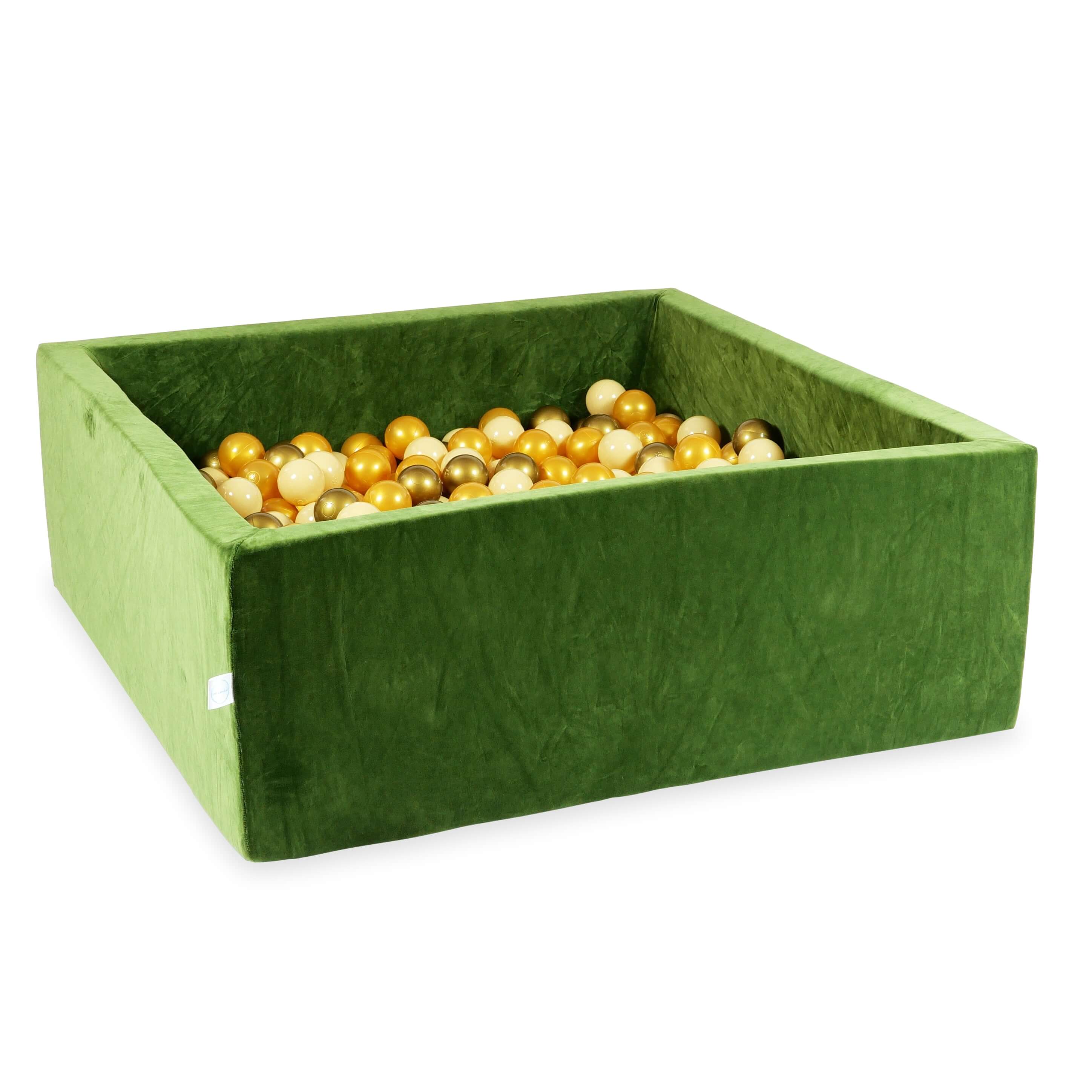 Square ball pit 110x110x40 cm in olive soft velvet, 600 balls