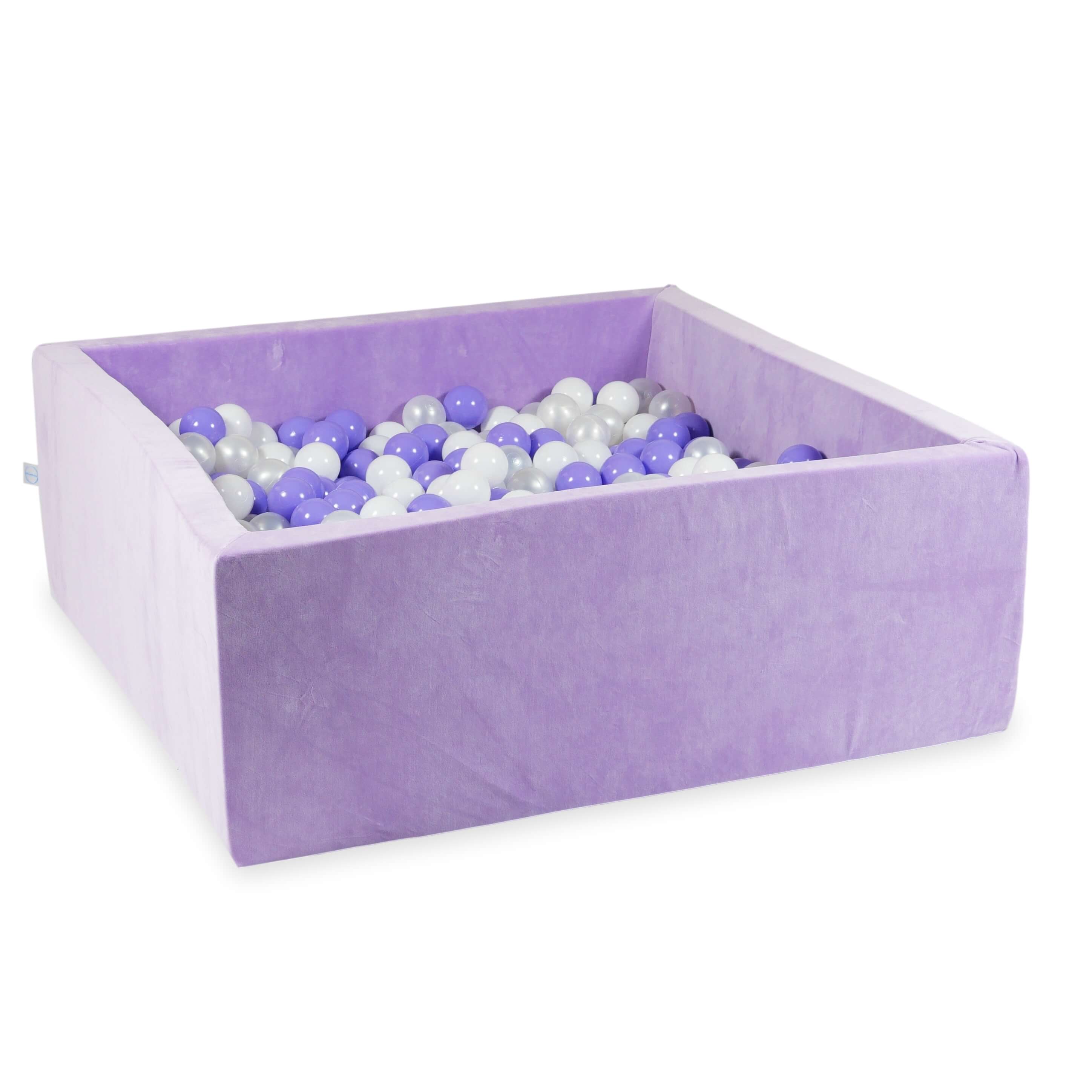 Square ball pit 110x110x40 cm in lilac soft velvet, 600 balls
