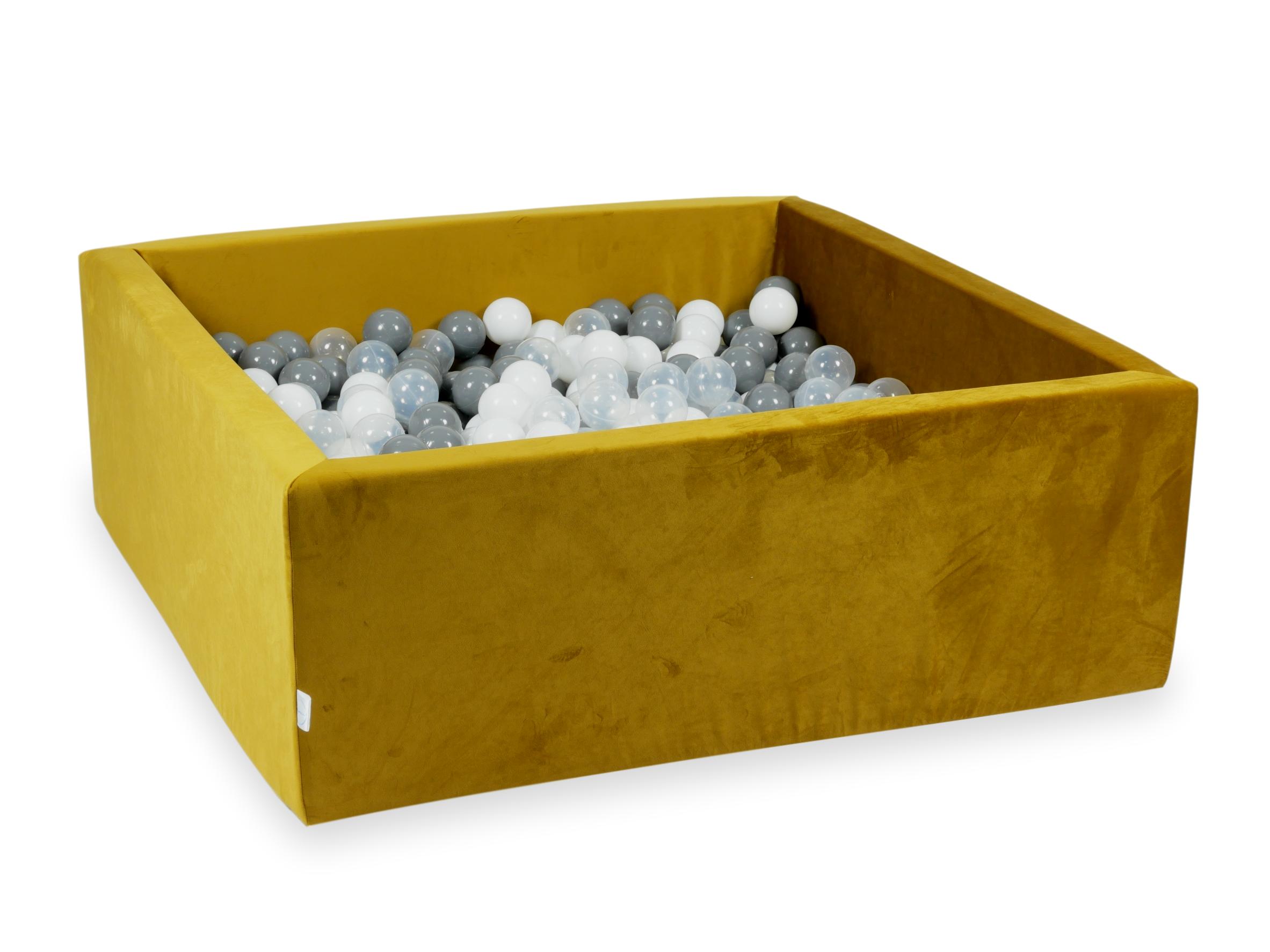 Square ball pit 110x110x40 cm in gold velvet velvet, 600 balls