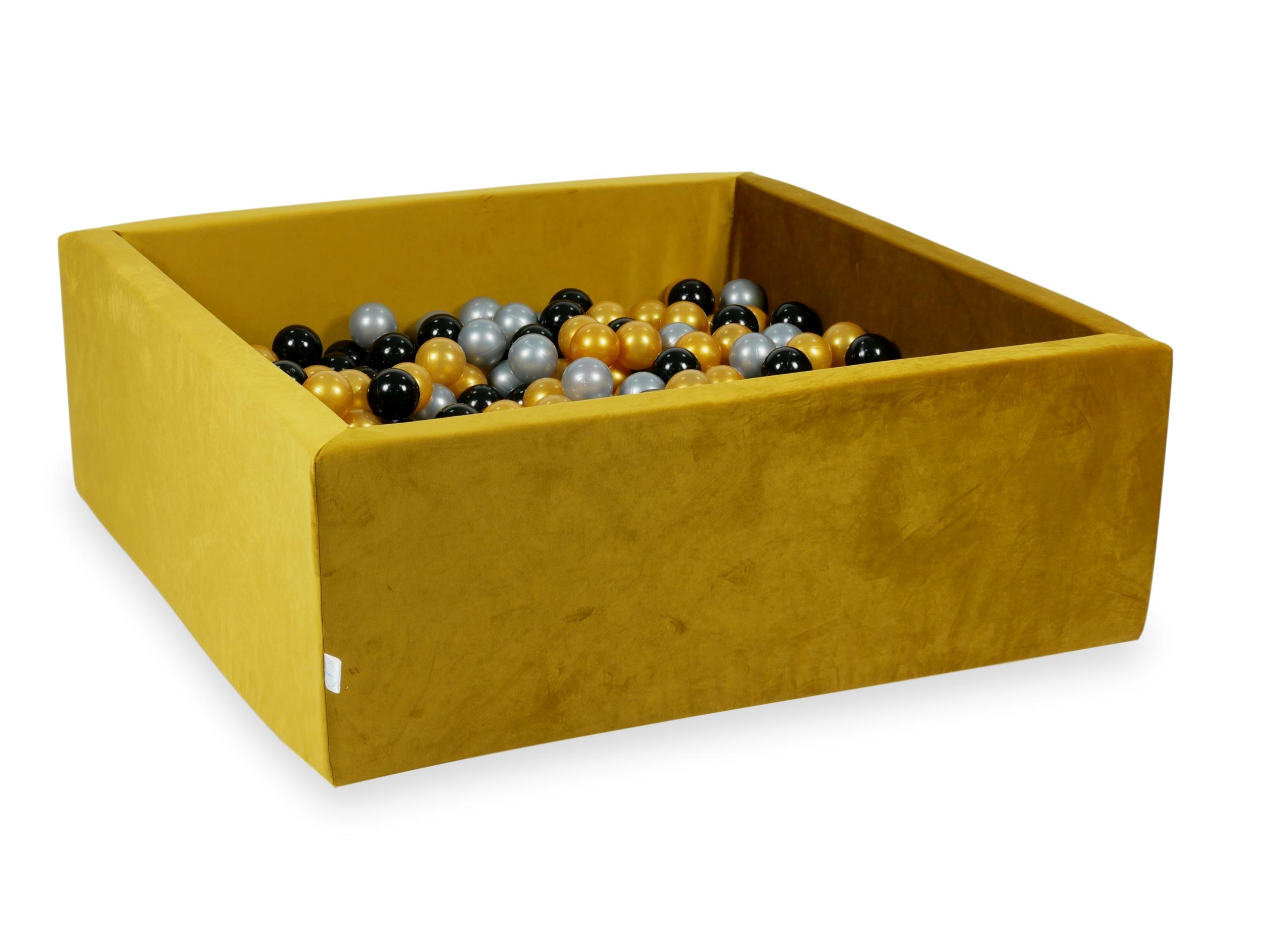 Square ball pit 110x110x40 cm in gold velvet velvet, 600 balls