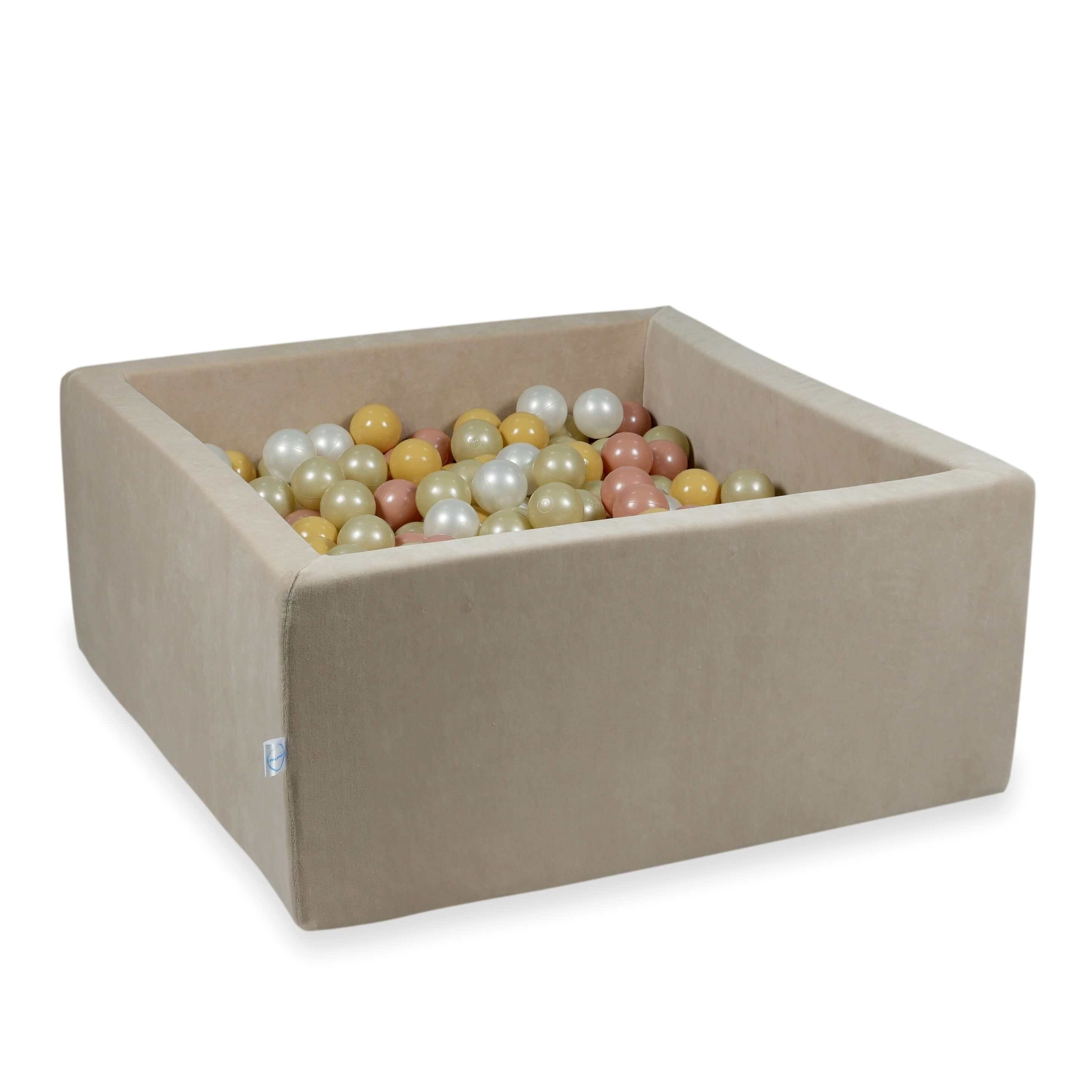 Square ball pit 90x90x40 cm in soft beige velvet, 400 balls