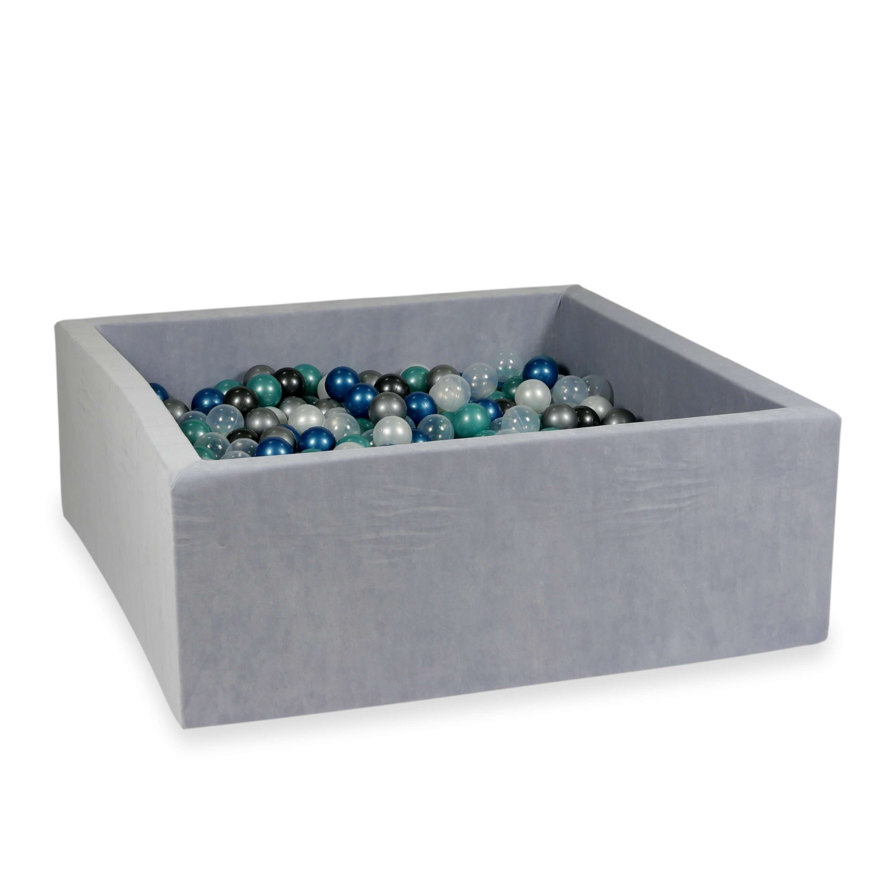 Square ball pit 110x110x40 cm in light gray soft velvet, 600 balls