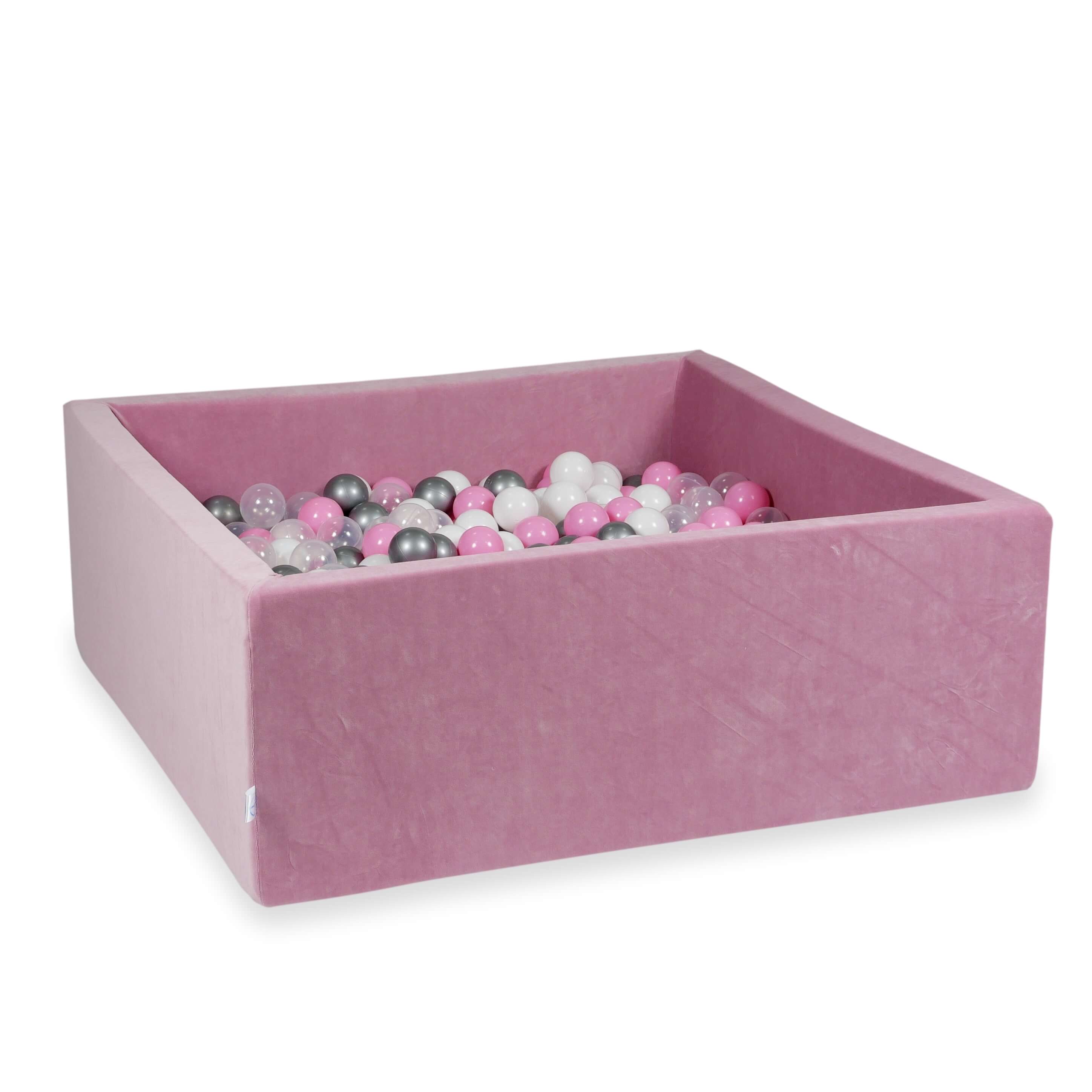 Square ball pit 110x110x40 cm in pink soft velvet, 600 balls