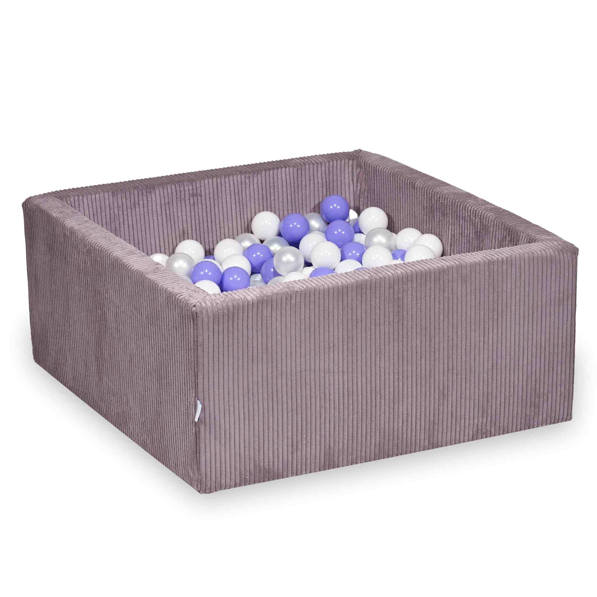 Bällebad quadratisch 90x90x40 cm aus Cord Lavendel, 400 Bälle