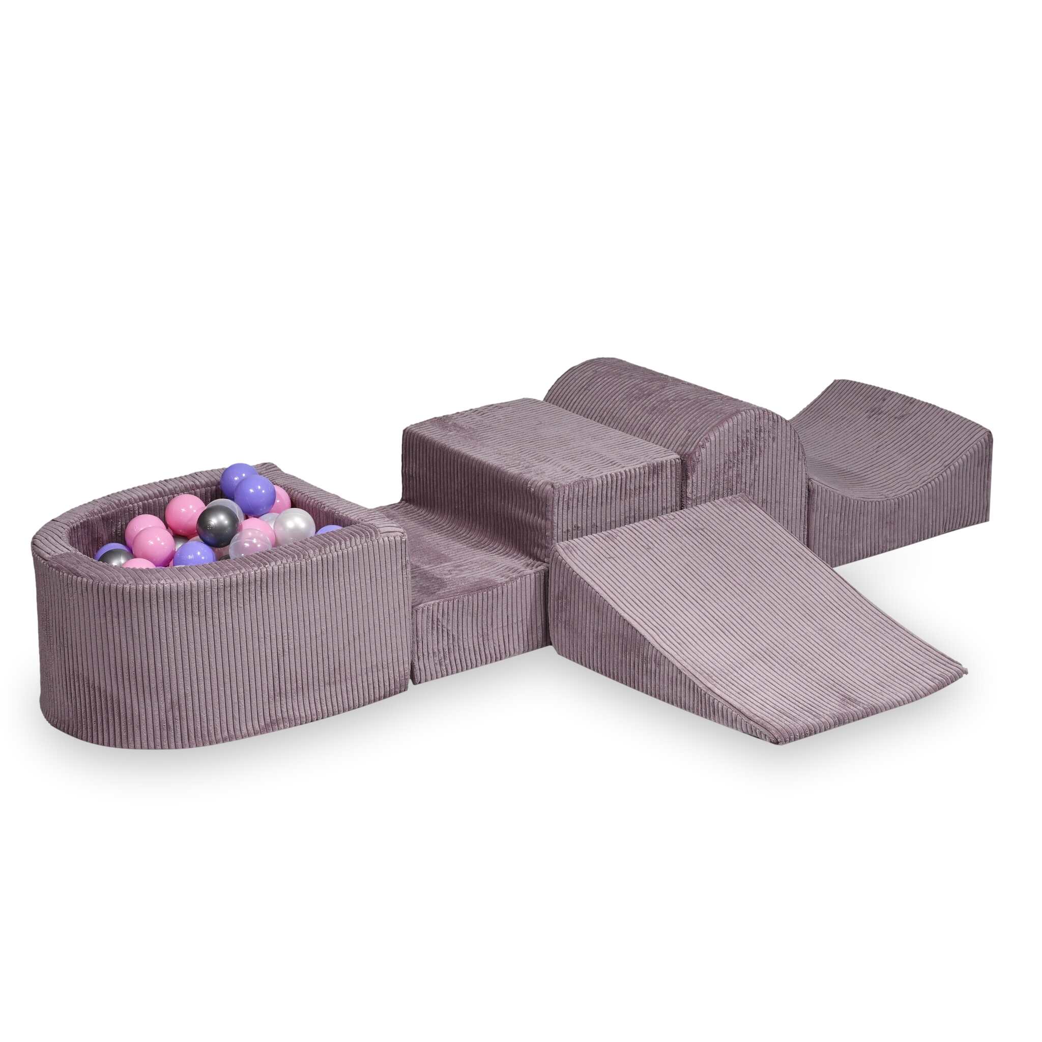 Aire de jeux en mousse avec colline et piscine micro velours côtelé lavende + 100 balles