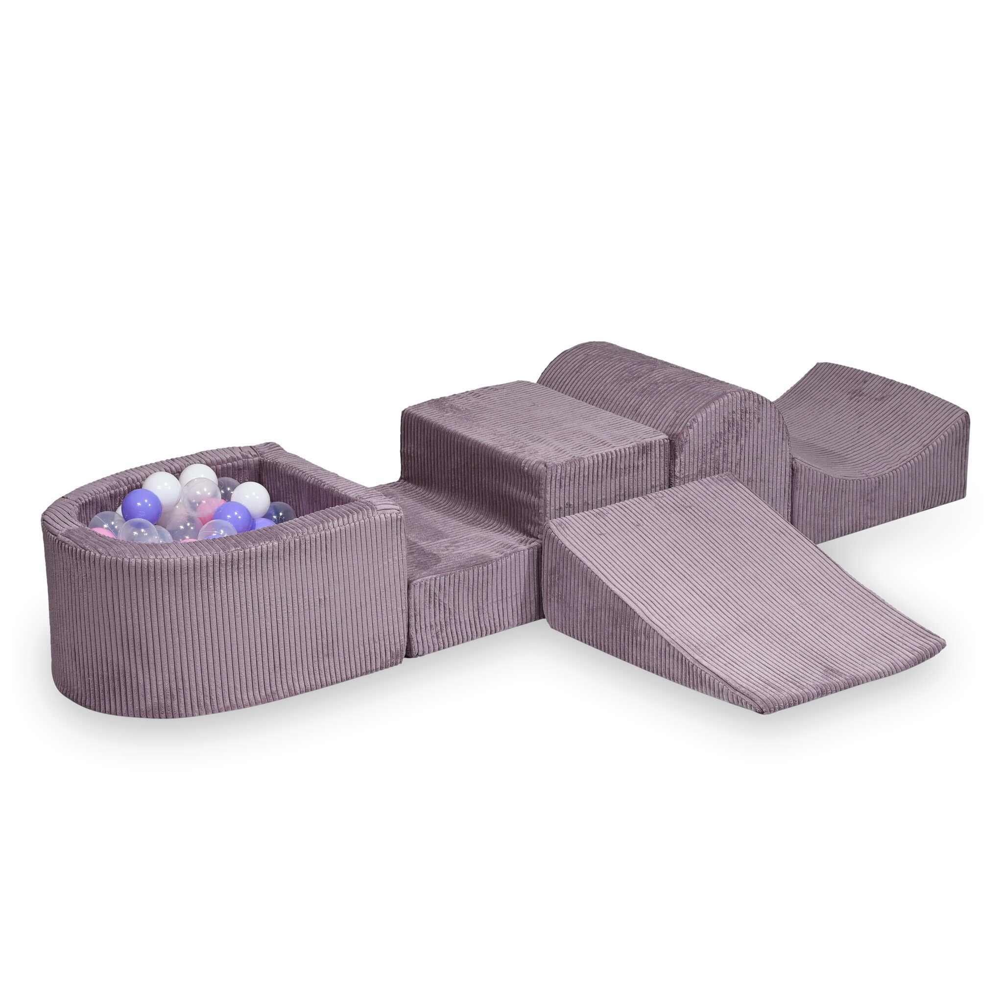 Aire de jeux en mousse avec colline et piscine micro velours côtelé lavende + 100 balles