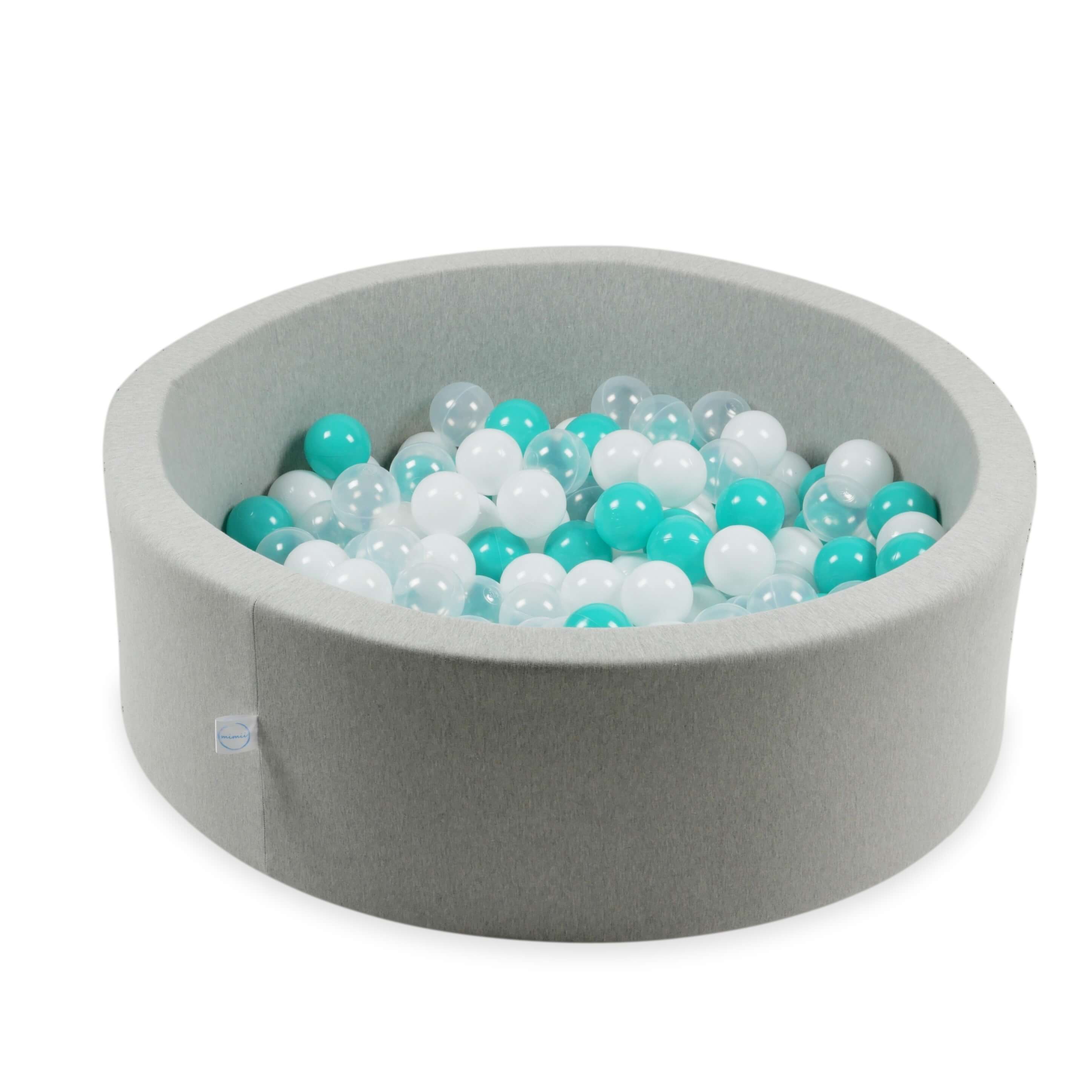 400 Stück Spielbälle mit 7 cm Durchmesser in Weiß, Transparent und Türkis.