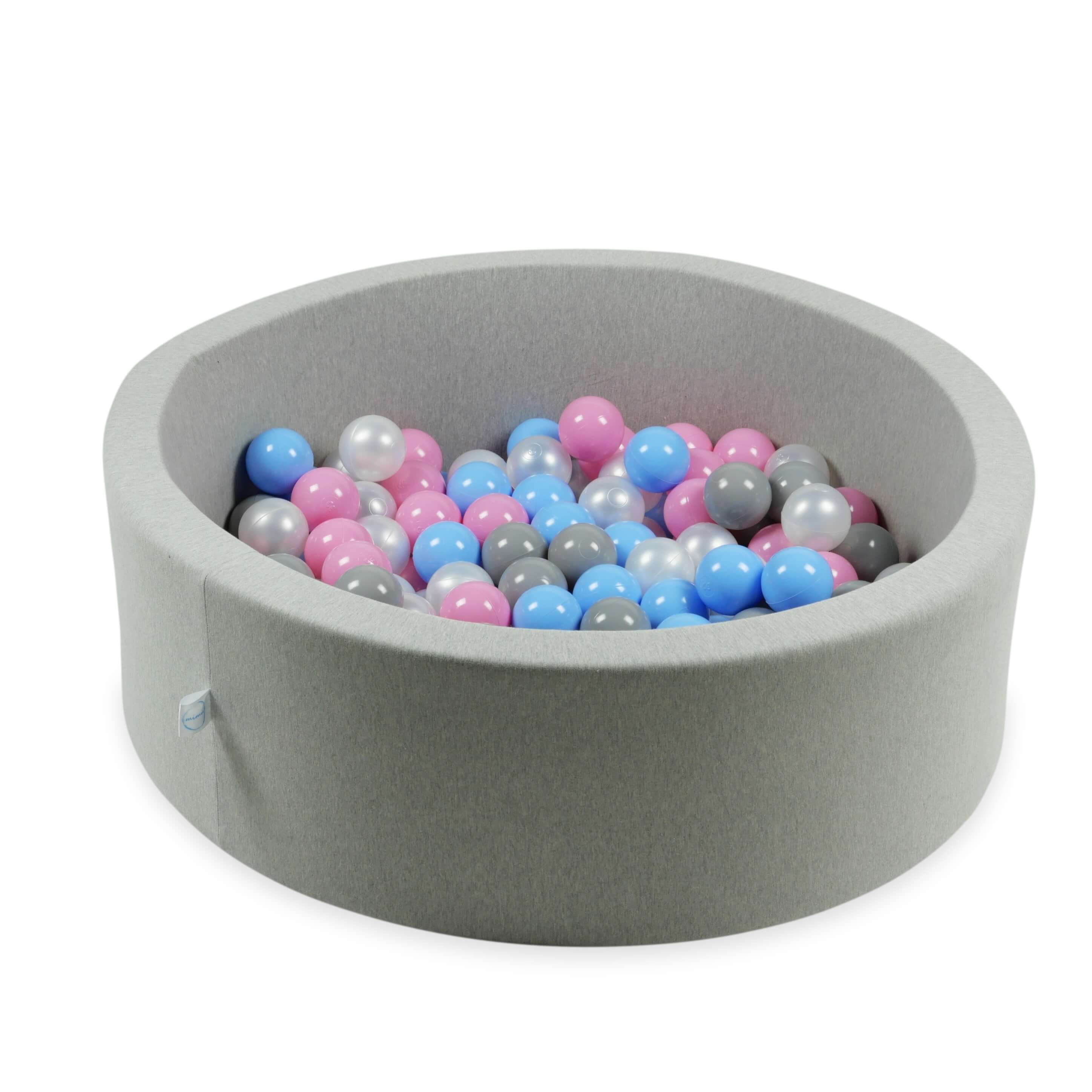 500 Spielbälle mit 7 cm Durchmesser in den Farben Perlmutt, Grau, Hellblau und Puderrosa