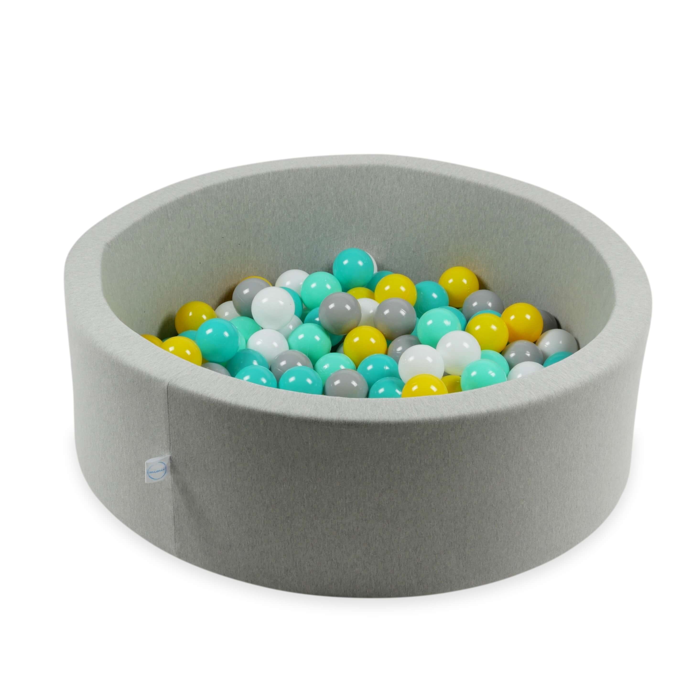 400 Spielbälle mit 7 cm Durchmesser in den Farben Gelb, Mint, Türkis, Weiß und Grau.