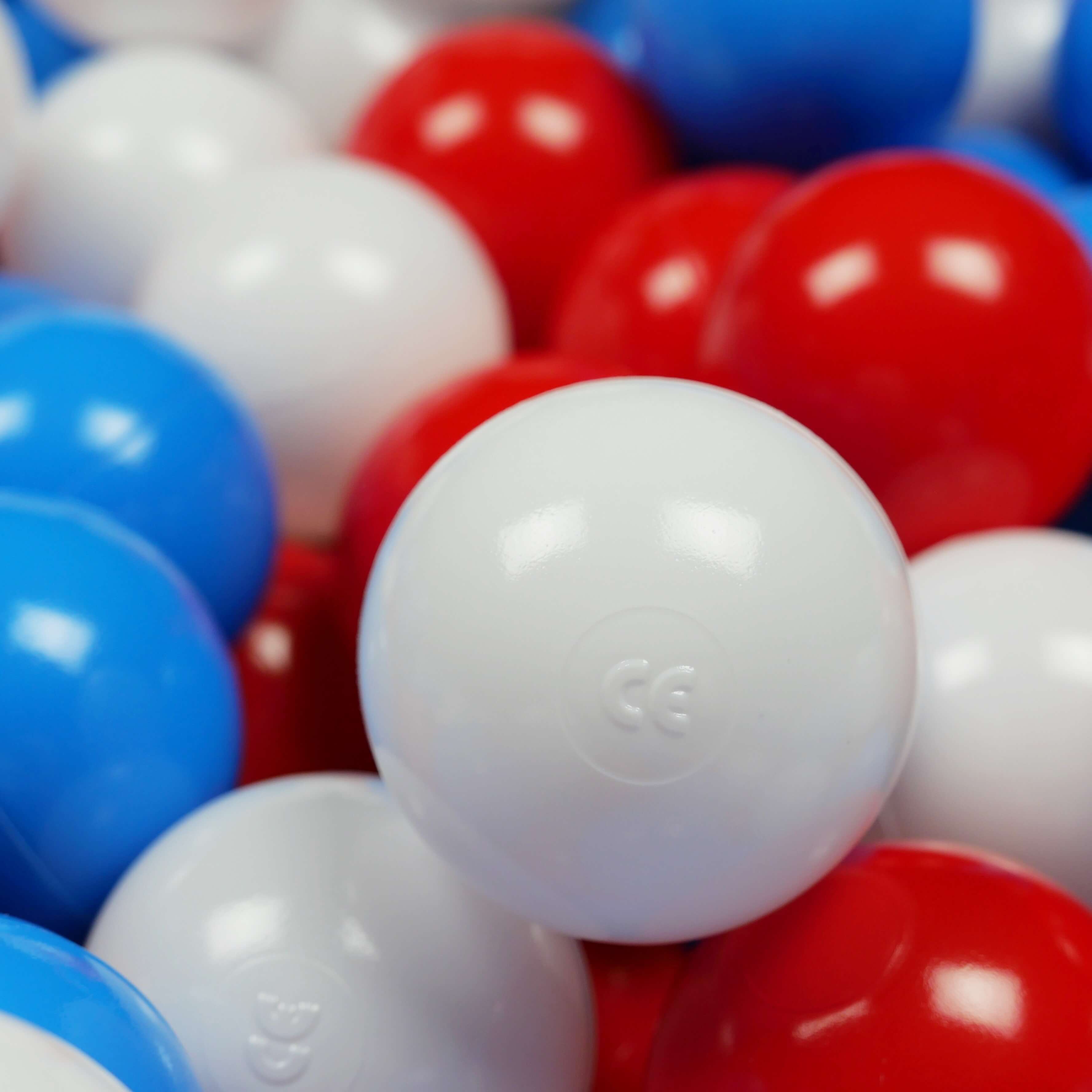 300 Spielbälle mit 7 cm Durchmesser in Weiß, Rot und Blau