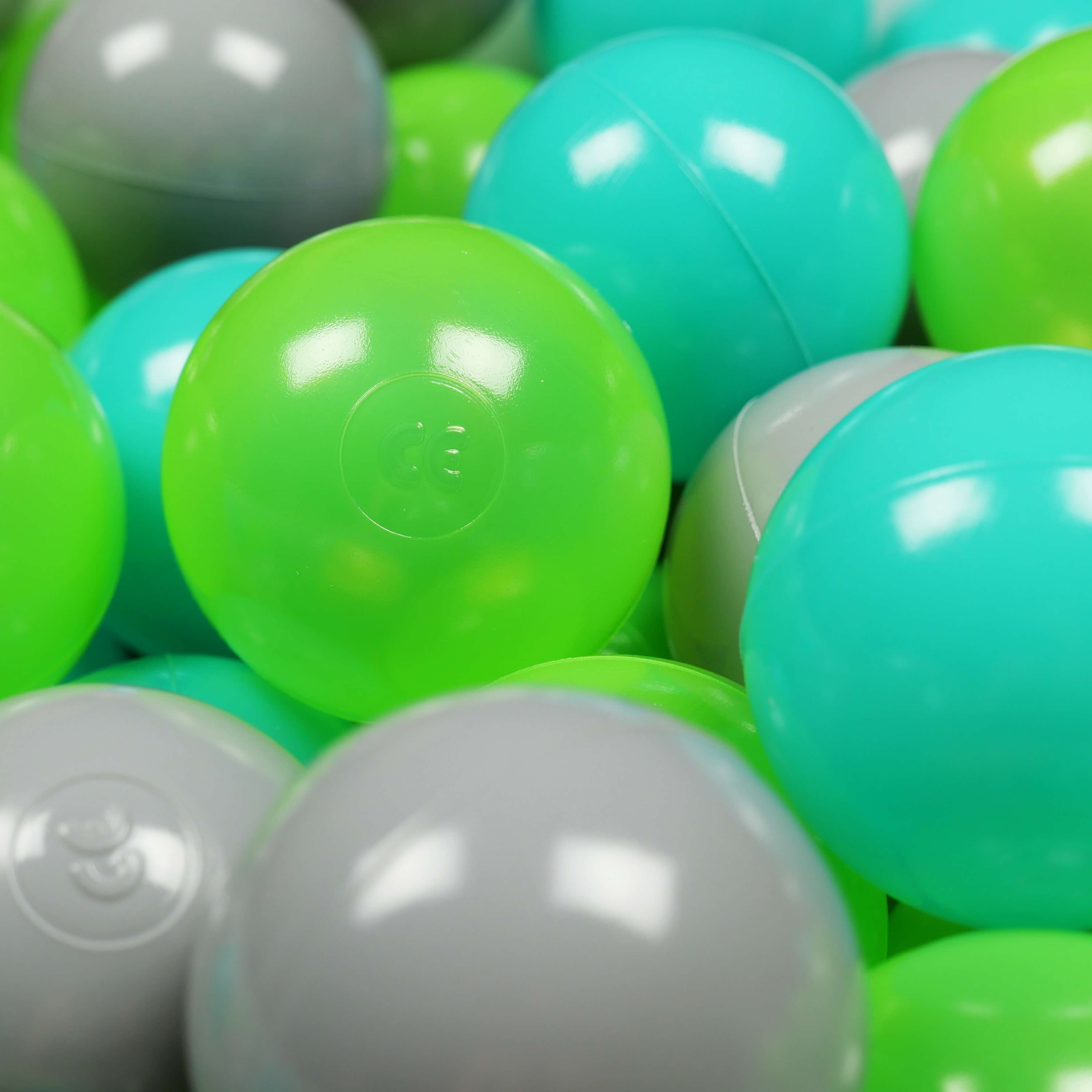500 Spielbälle mit 7 cm Durchmesser in Grau, Türkis und Celadon