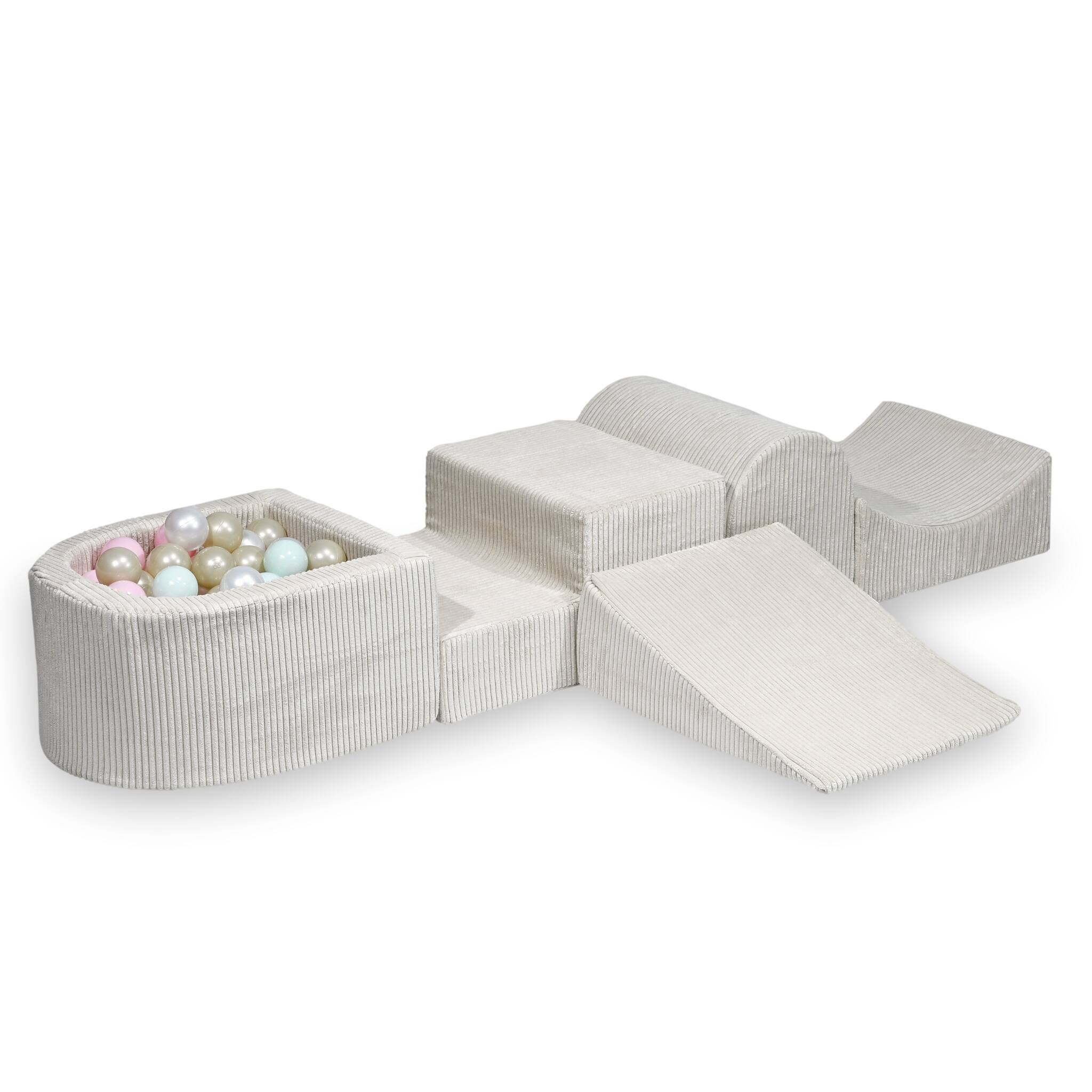 Schaumstoff-Spielplatz mit Hügel und Bällchenbad aus beigem Mikrokord + 100 Bälle
