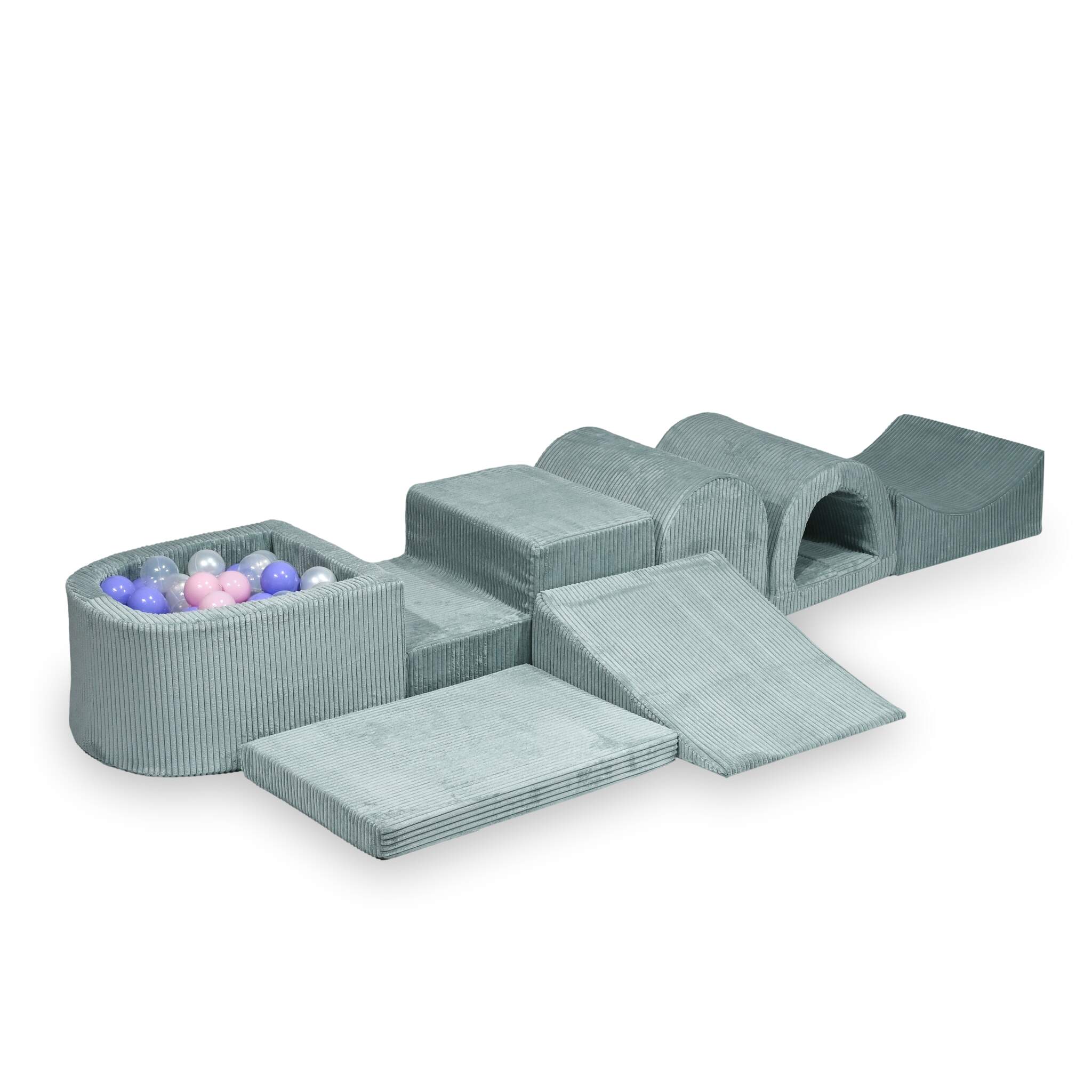 Parco giochi grande in schiuma con piscina micro velluto a coste menta chiara + 100 palline