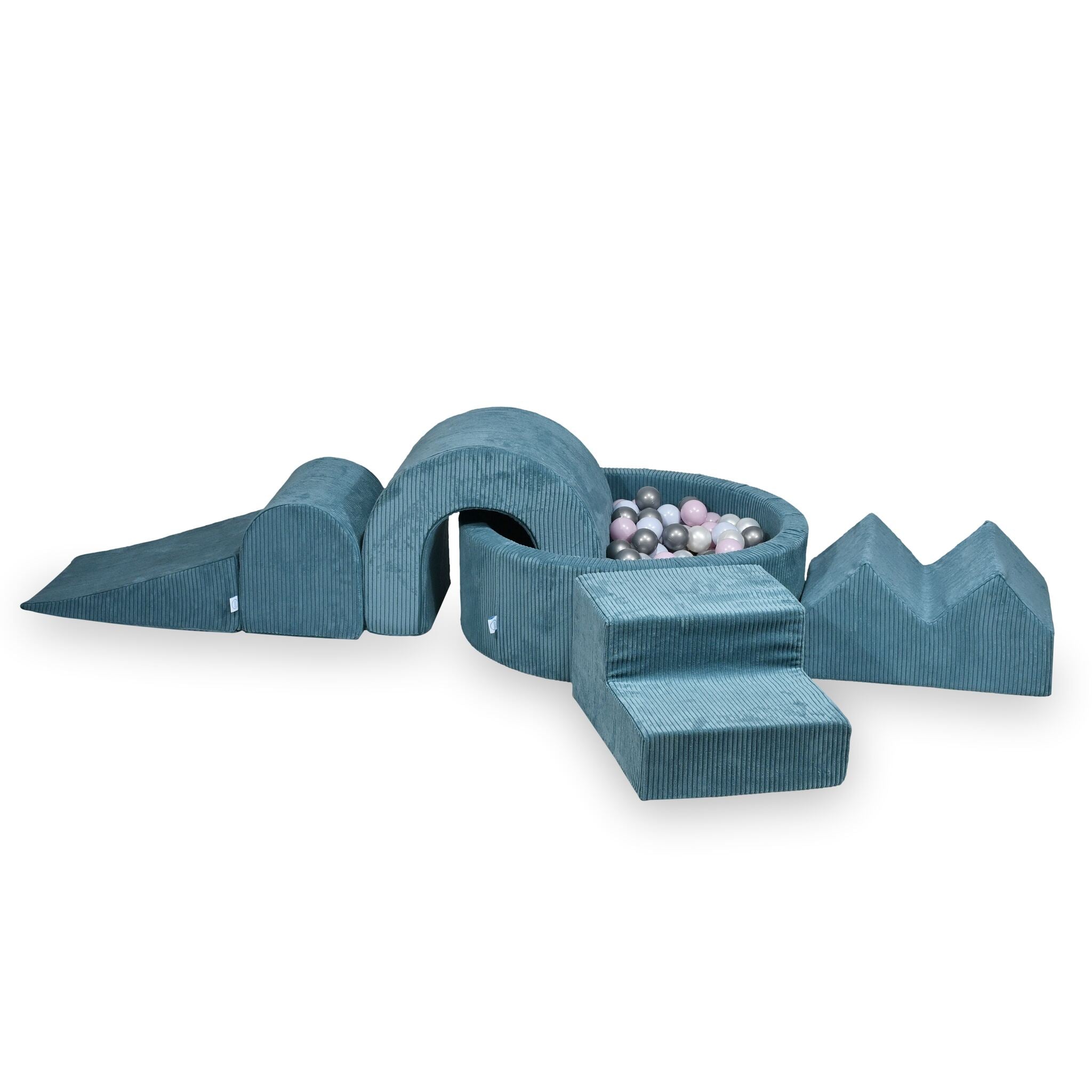 Foam play area with round pool 90x30 ribbed blue + 5 elements + 200 balls