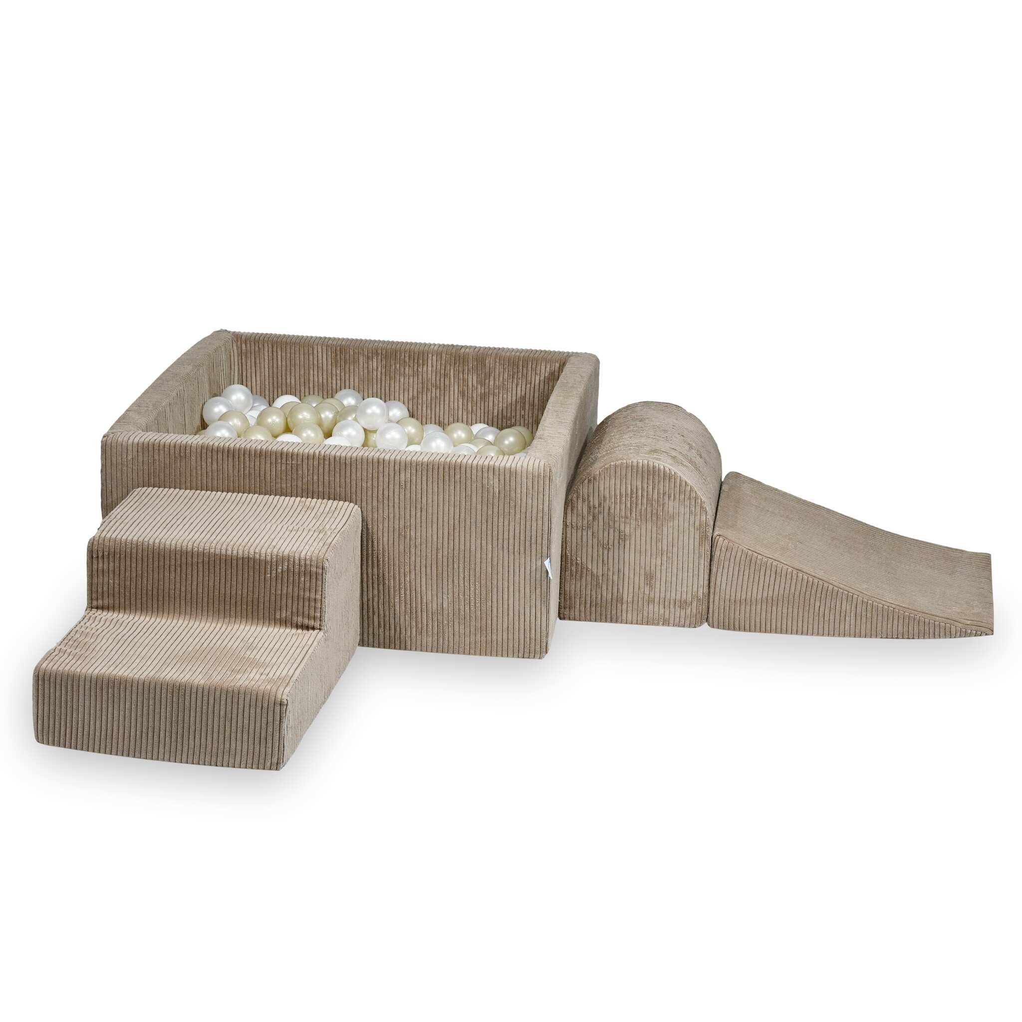 Schaumstoff-Spielplatz mit quadratischem Bällebad, Kinderspielset 90x90x40 Kord Toffee + 400 Bälle