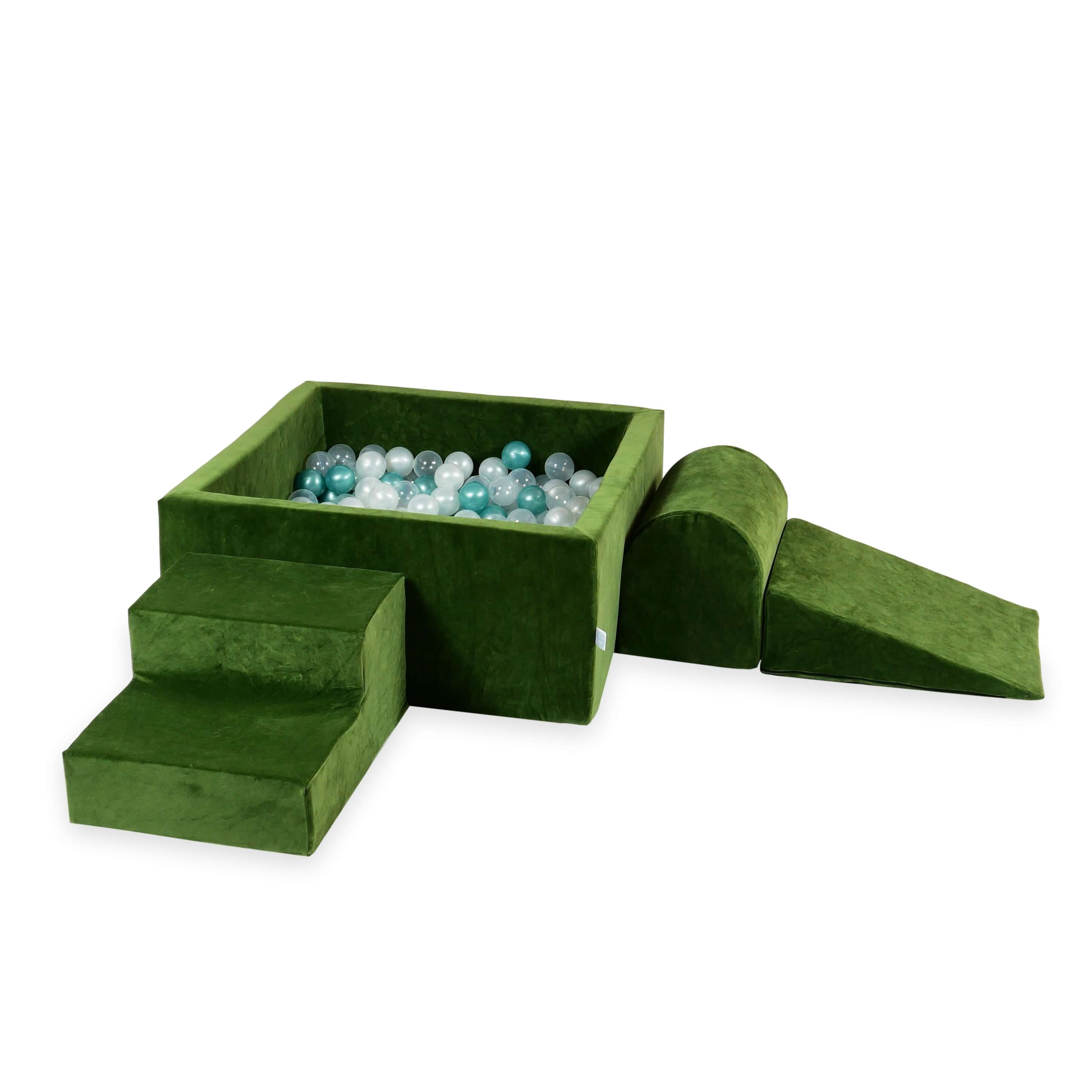 Schaumstoff-Spielbereich mit quadratischem Bällebad, Kinderspielset 90x90x40 cm, samtweich, olivgrün + 400 Bälle