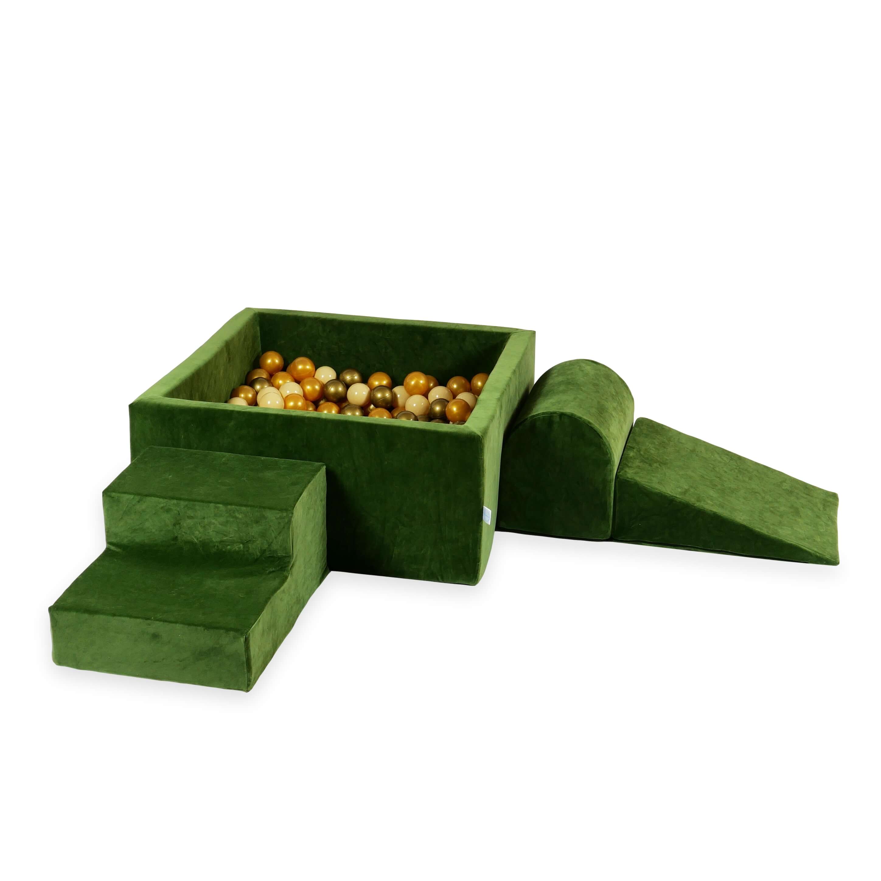Schaumstoff-Spielbereich mit quadratischem Bällebad, Kinderspielset 90x90x40 cm, samtweich, olivgrün + 400 Bälle