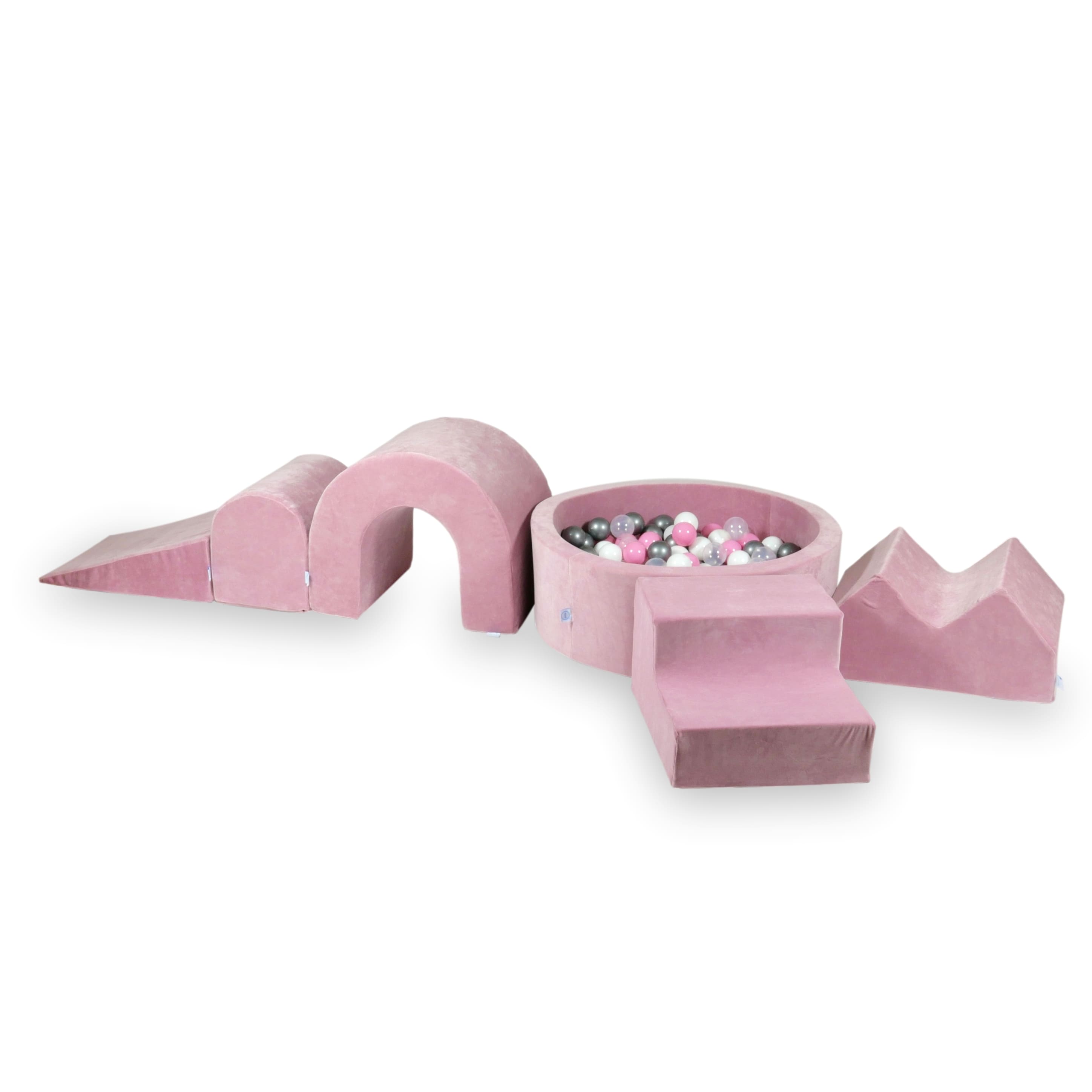 Foam play area with round pool 90x30 velvet soft rose + 5 elements + 200 balls