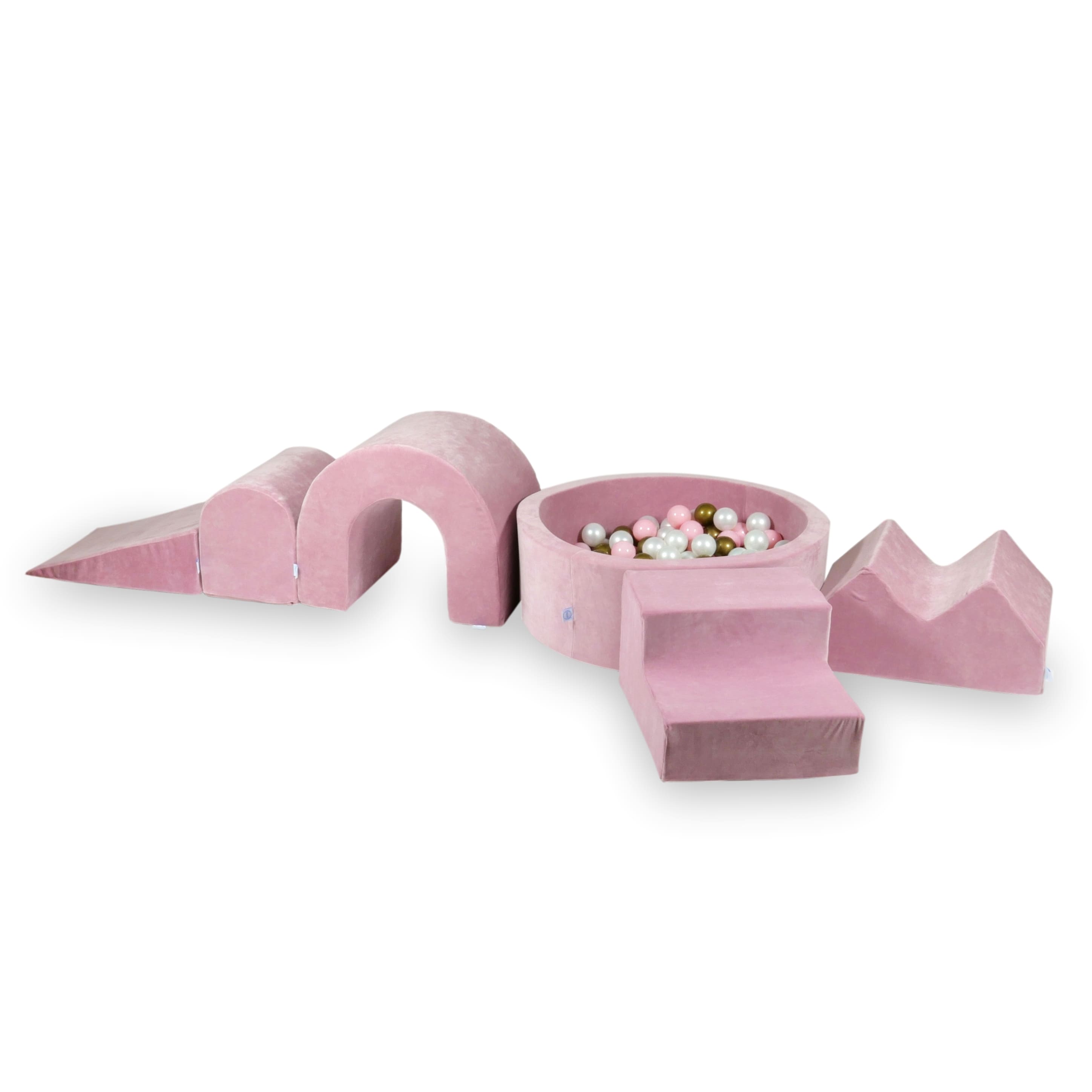 Foam play area with round pool 90x30 velvet soft rose + 5 elements + 200 balls