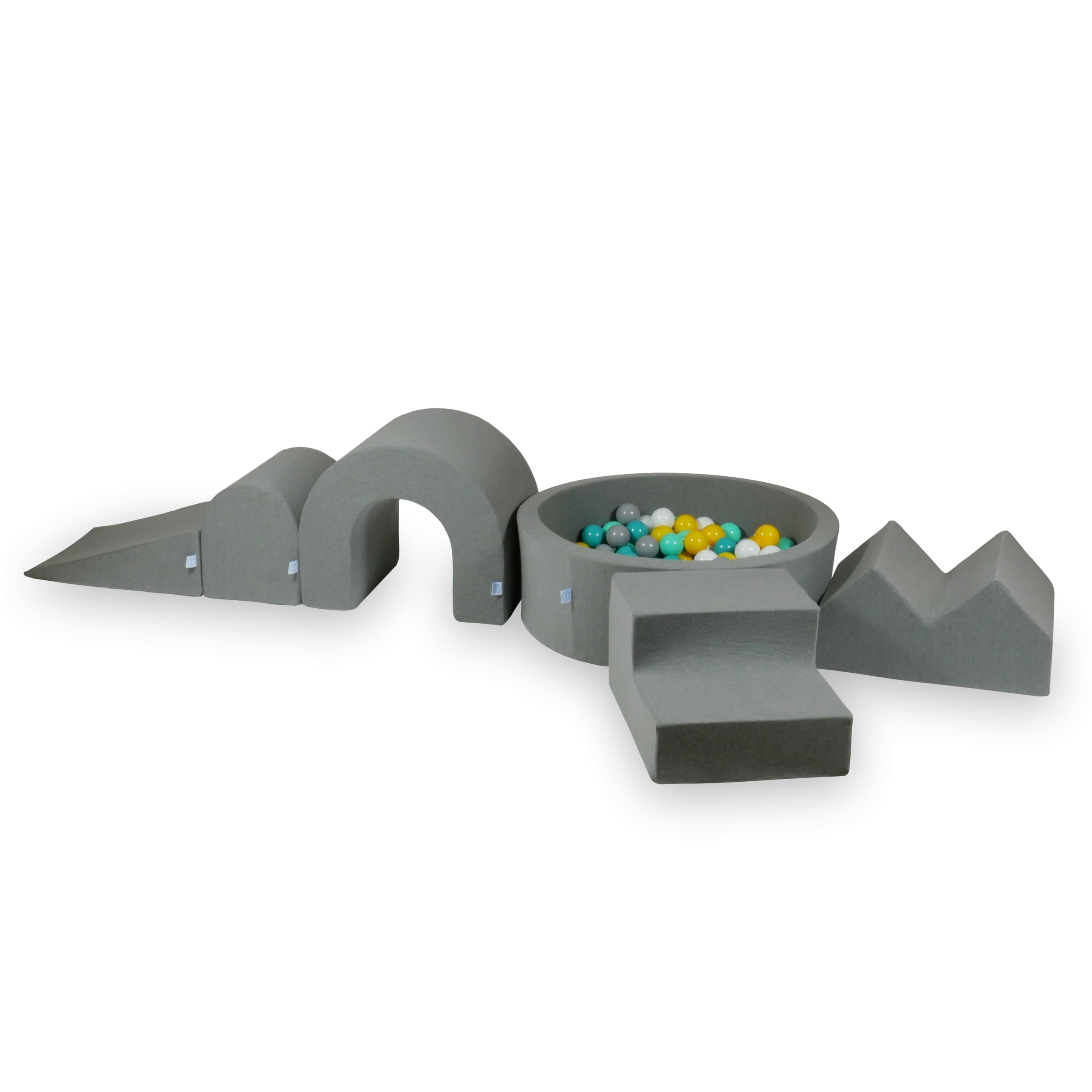 Foam play area with round pool 90x30 gray + 5 elements + 200 balls
