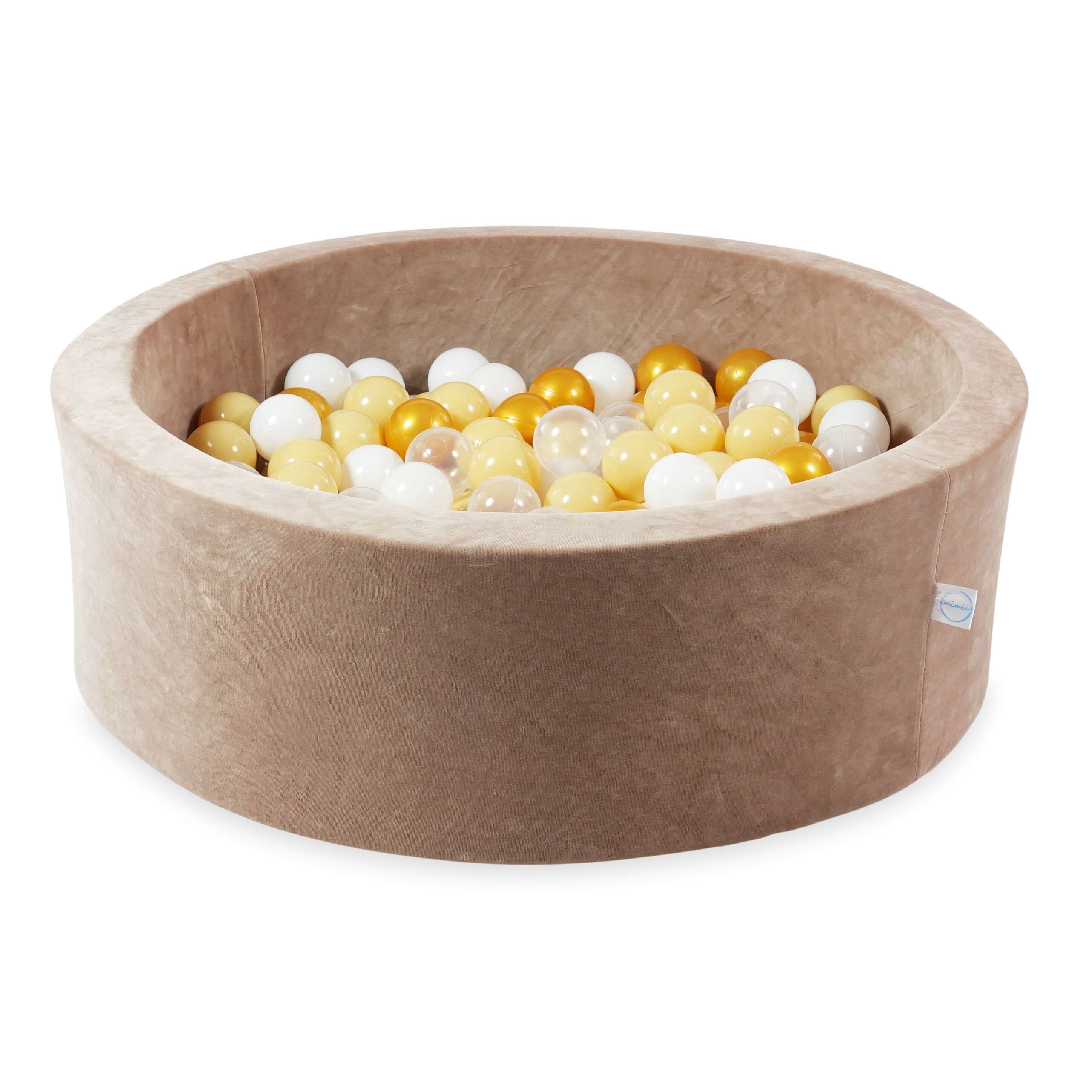 Schaumstoffspielbereich mit rundem, samtweichem, braunem Pool (90 x 30 cm) + 5 Elementen + 200 Bällen
