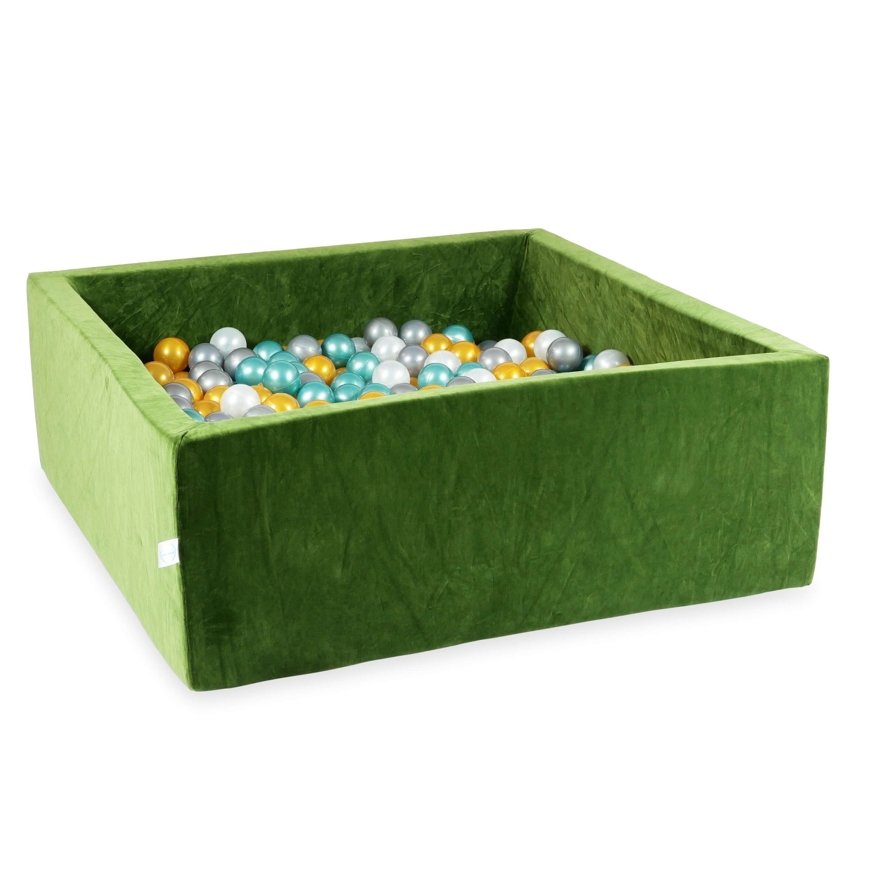Square ball pit 110x110x40 cm in olive soft velvet, 600 balls