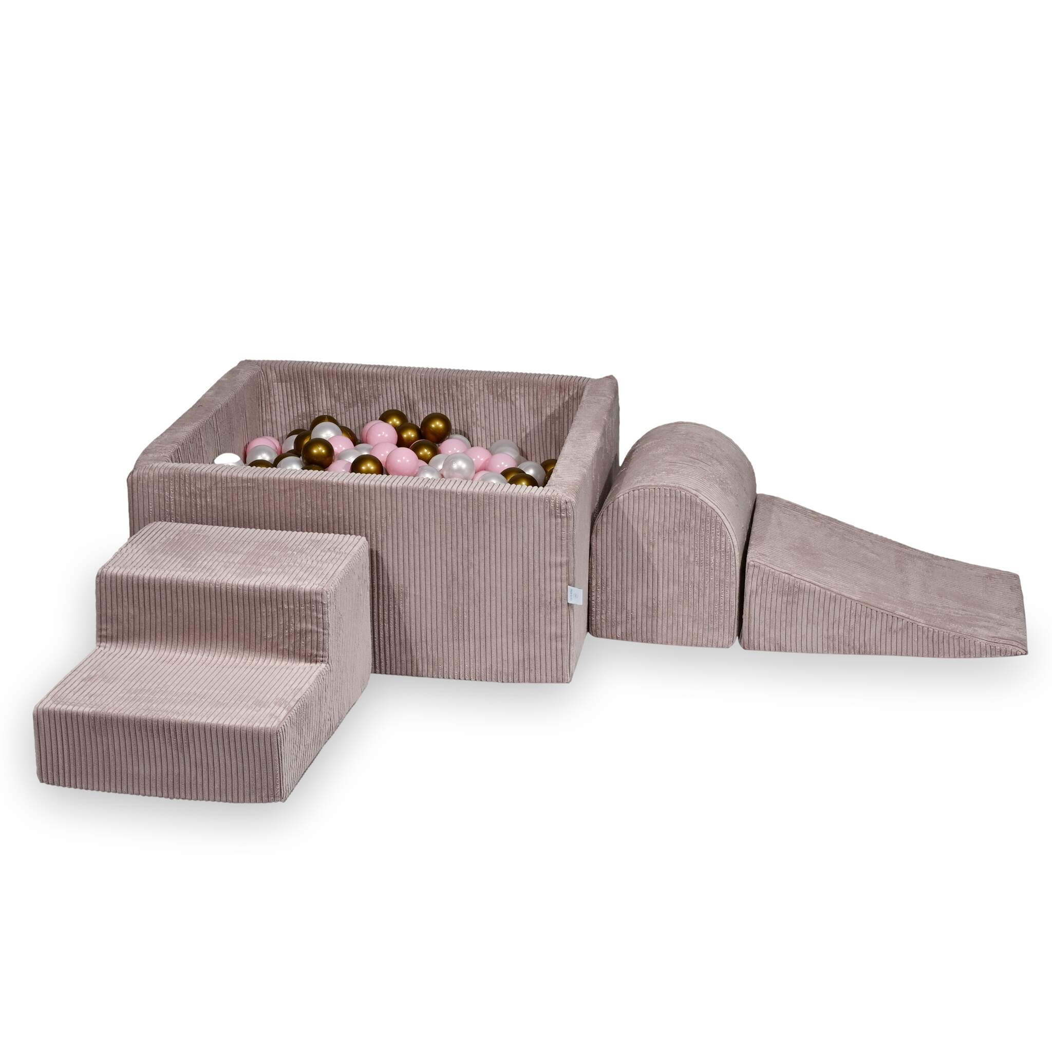 Spielplatz aus Schaumstoff mit quadratischem Bällebad, Kinderspielset 90x90x40 aus hellrosa Cord + 400 Bälle