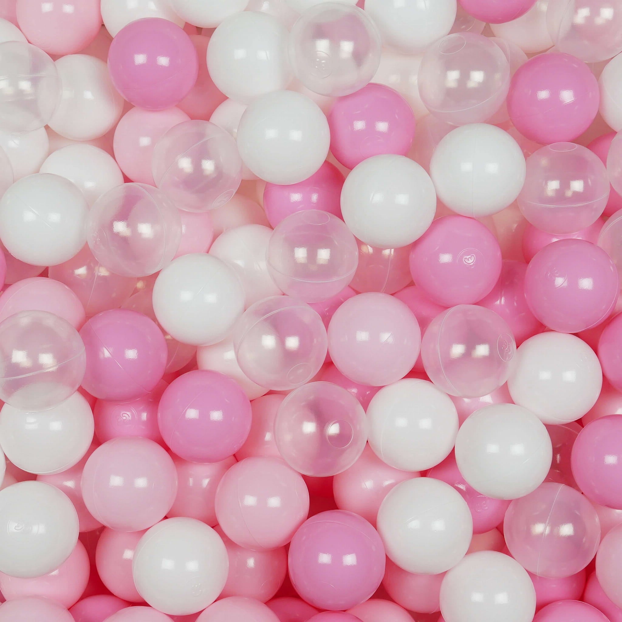 50 Spielbälle mit 7 cm Durchmesser in Weiß, Transparent, Hellrosa und Puderrosa