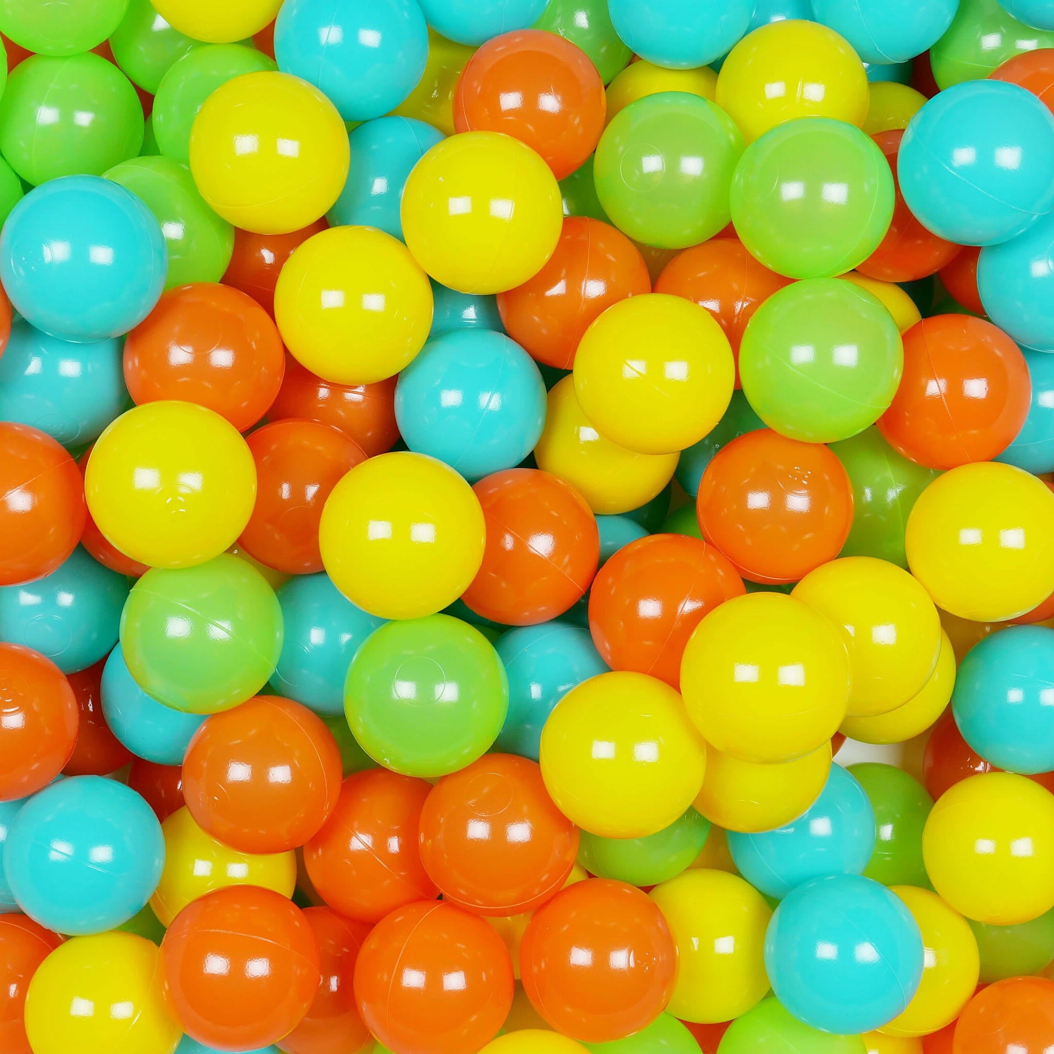 100 Spielbälle, 7 cm Durchmesser, gelb, orange, hellgrün, türkis